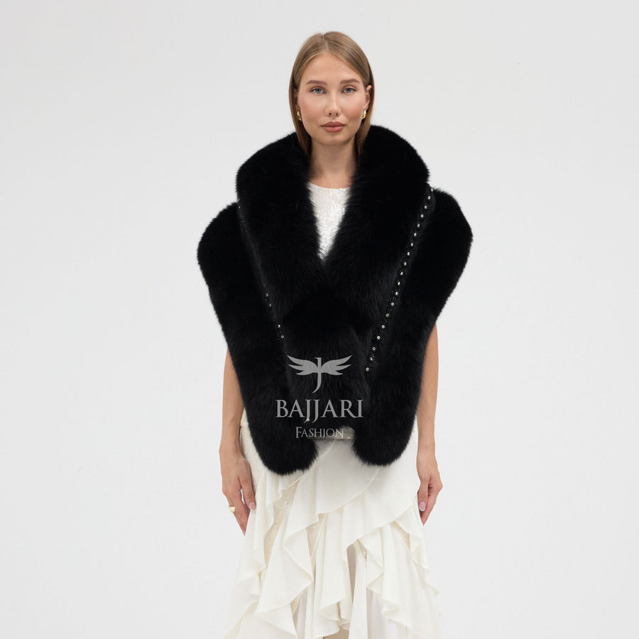 Special Stone Embroidered Black Fox Fur Shawl