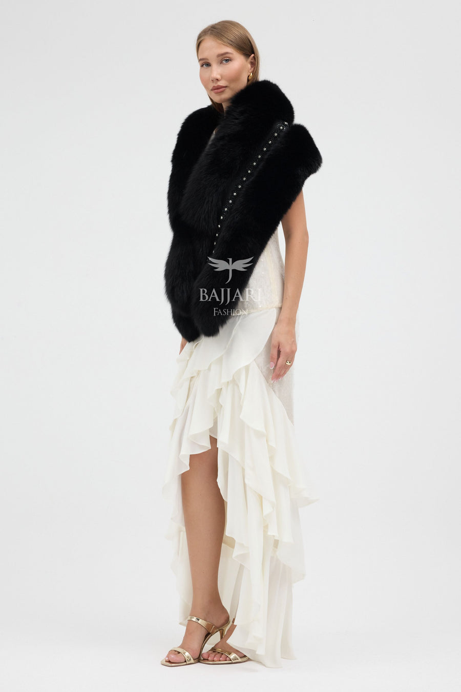 Special Stone Embroidered Black Fox Fur Shawl