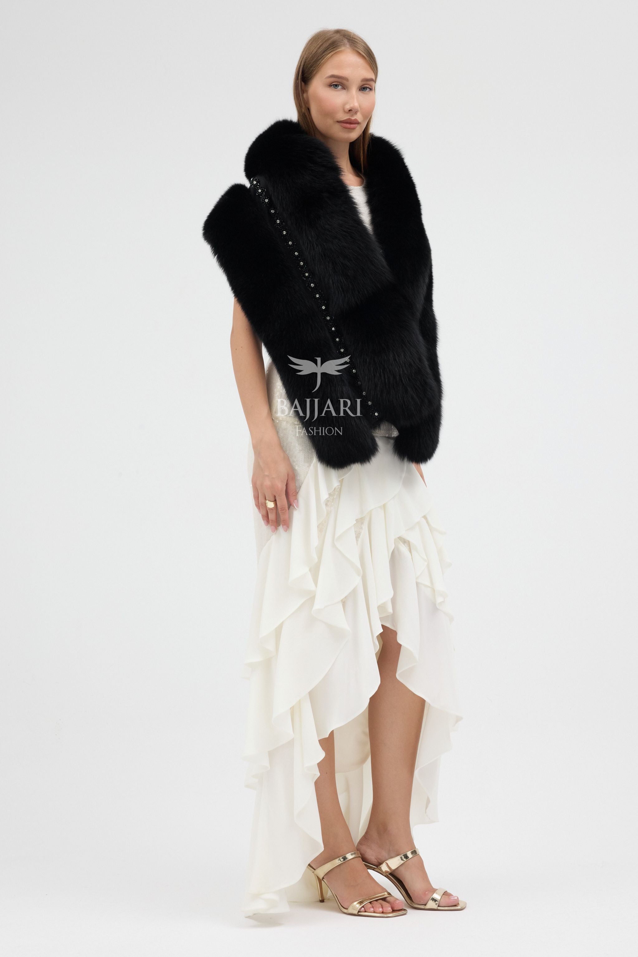 Special Stone Embroidered Black Fox Fur Shawl