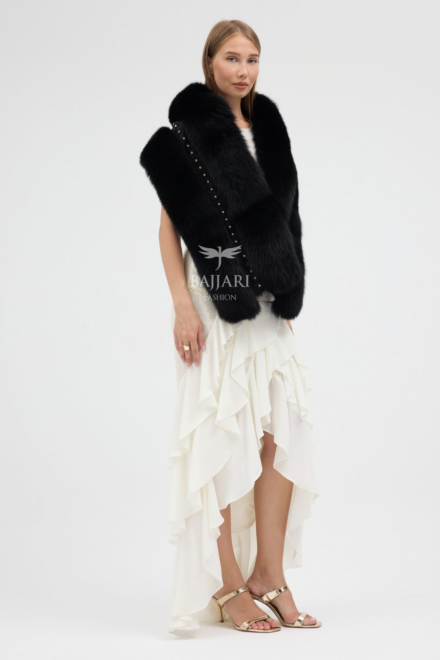 Special Stone Embroidered Black Fox Fur Shawl