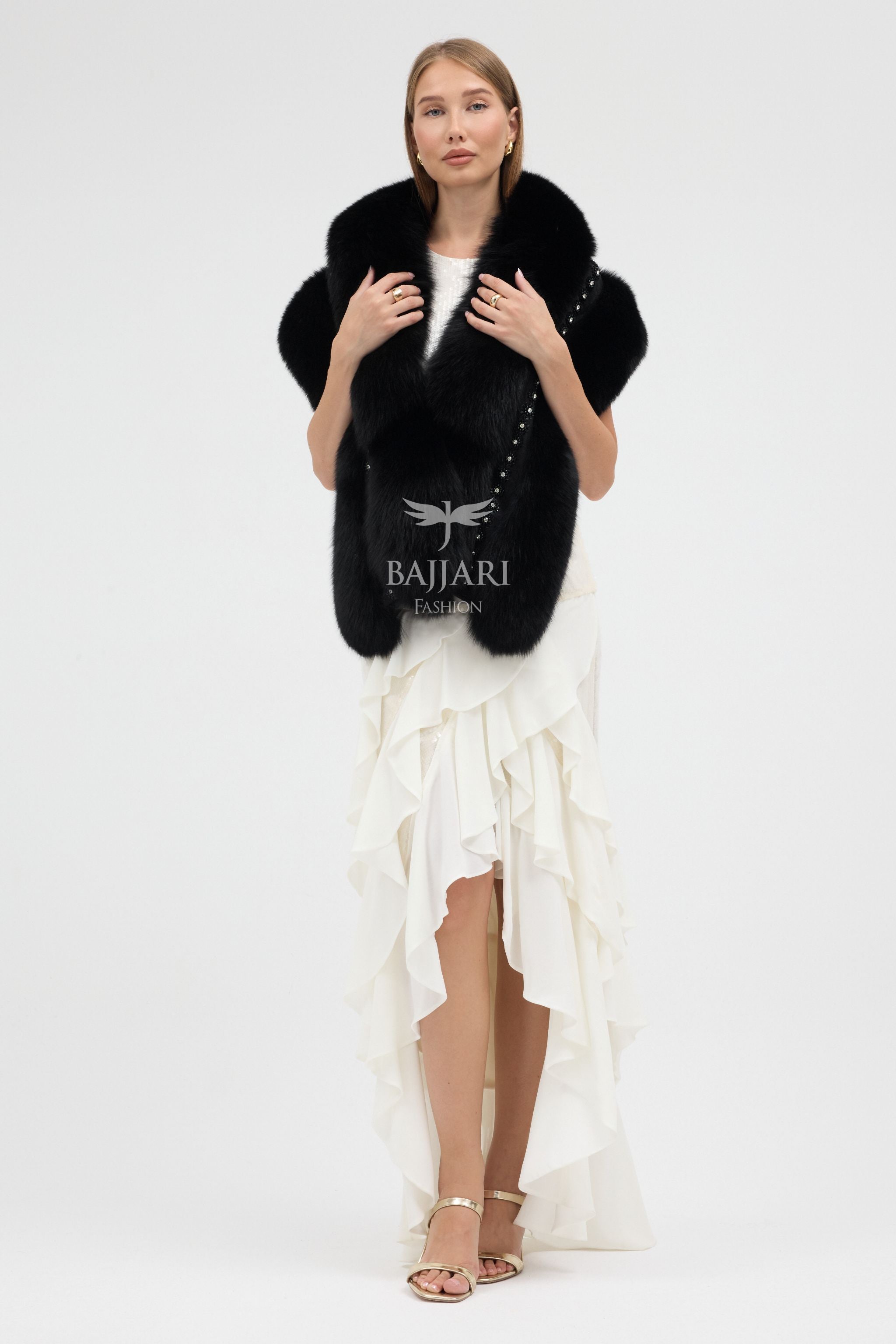 Special Stone Embroidered Black Fox Fur Shawl