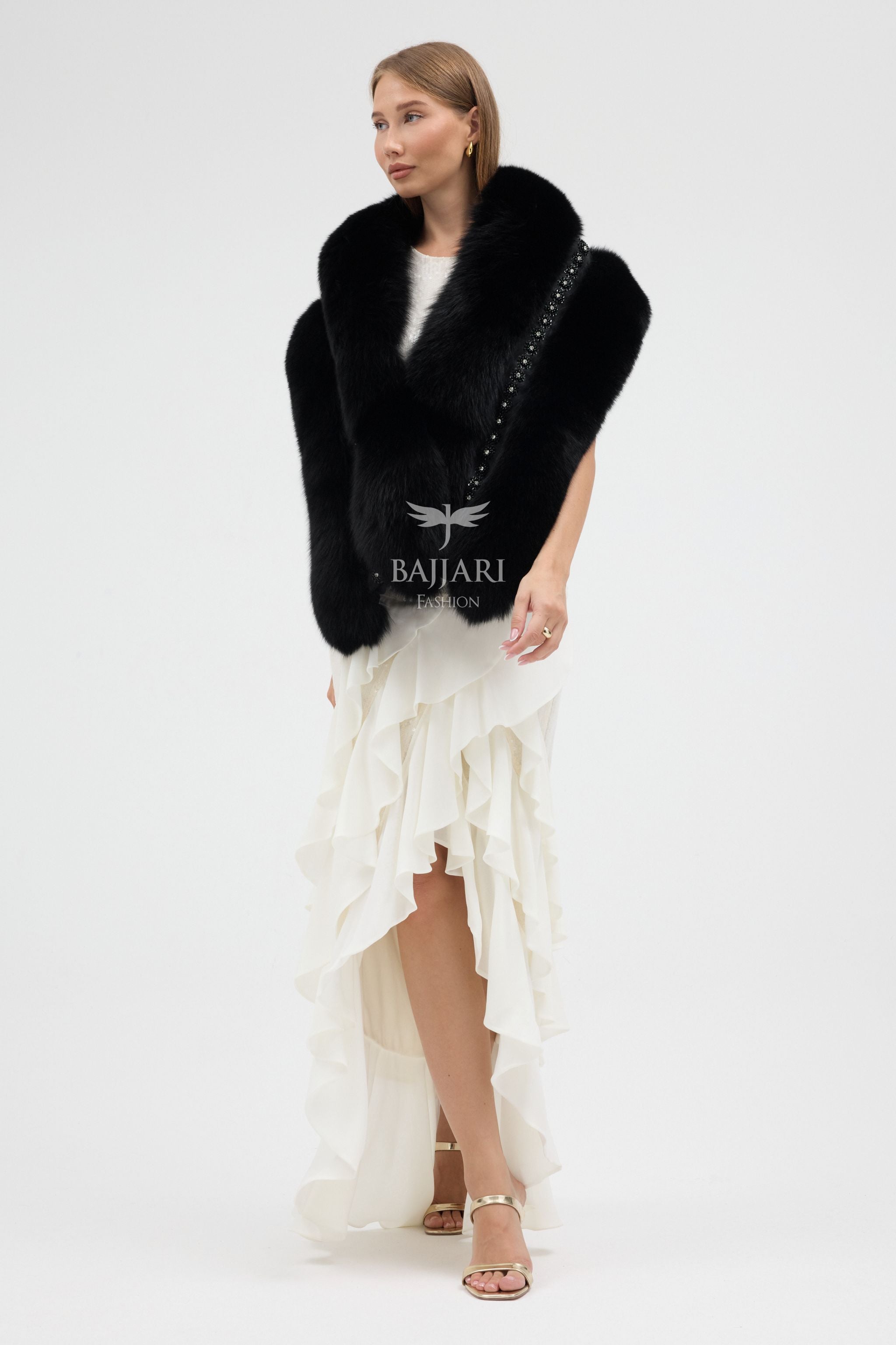 Special Stone Embroidered Black Fox Fur Shawl