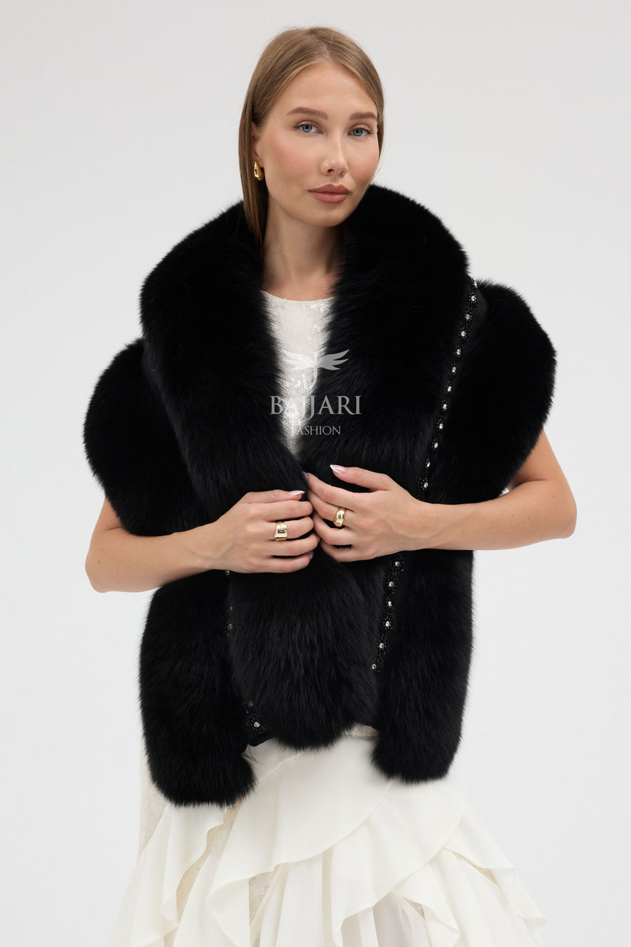 Special Stone Embroidered Black Fox Fur Shawl
