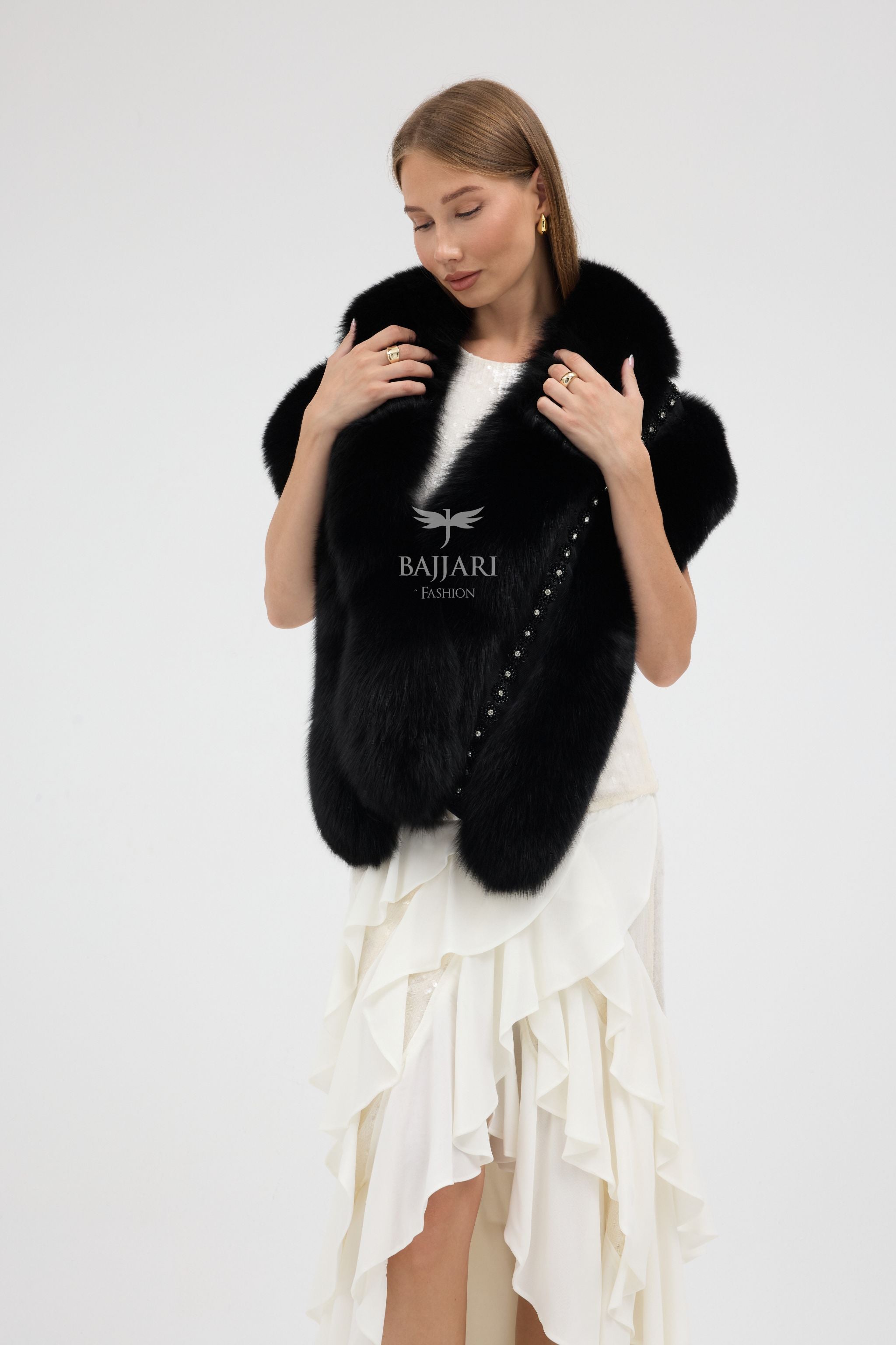 Special Stone Embroidered Black Fox Fur Shawl