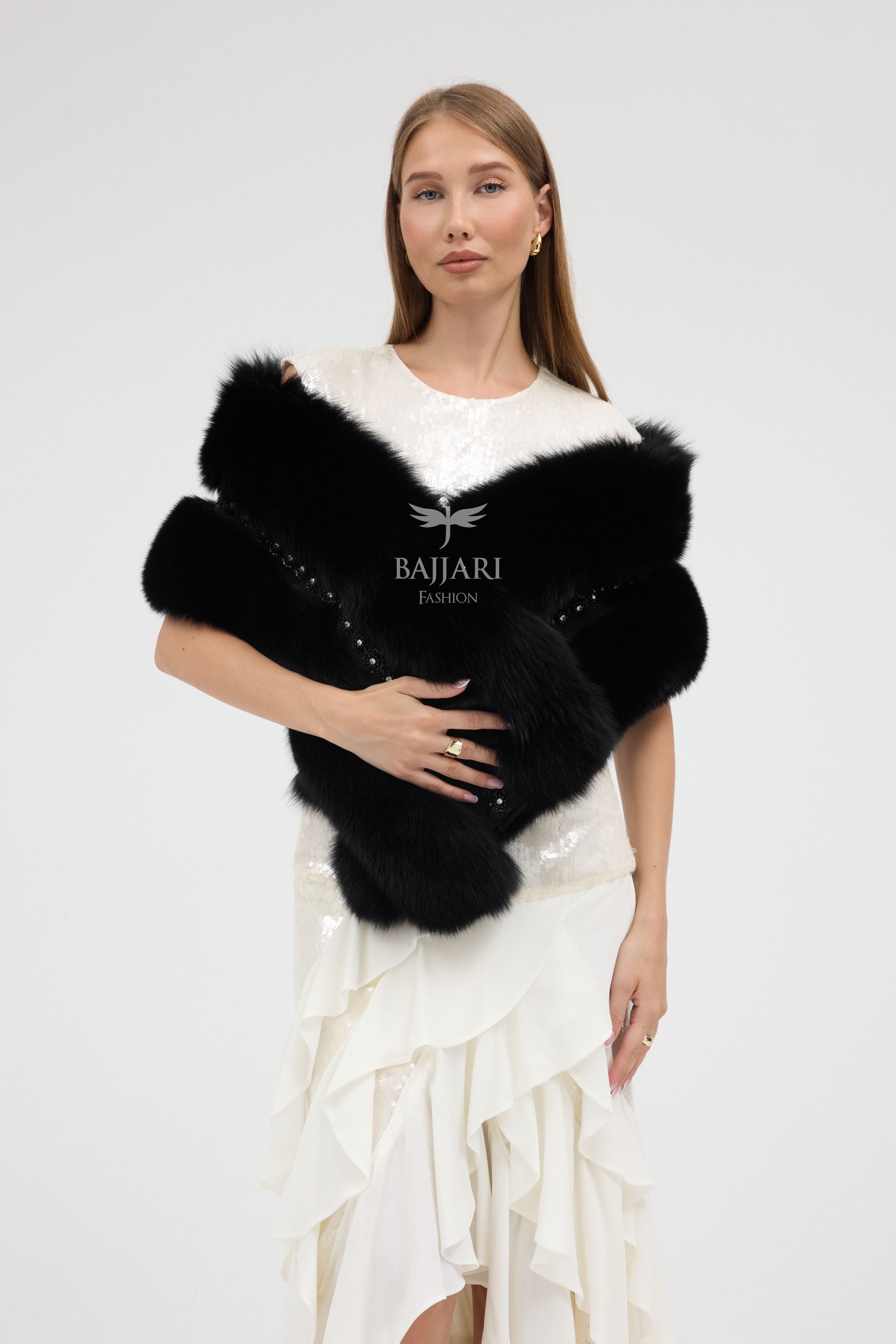 Special Stone Embroidered Black Fox Fur Shawl