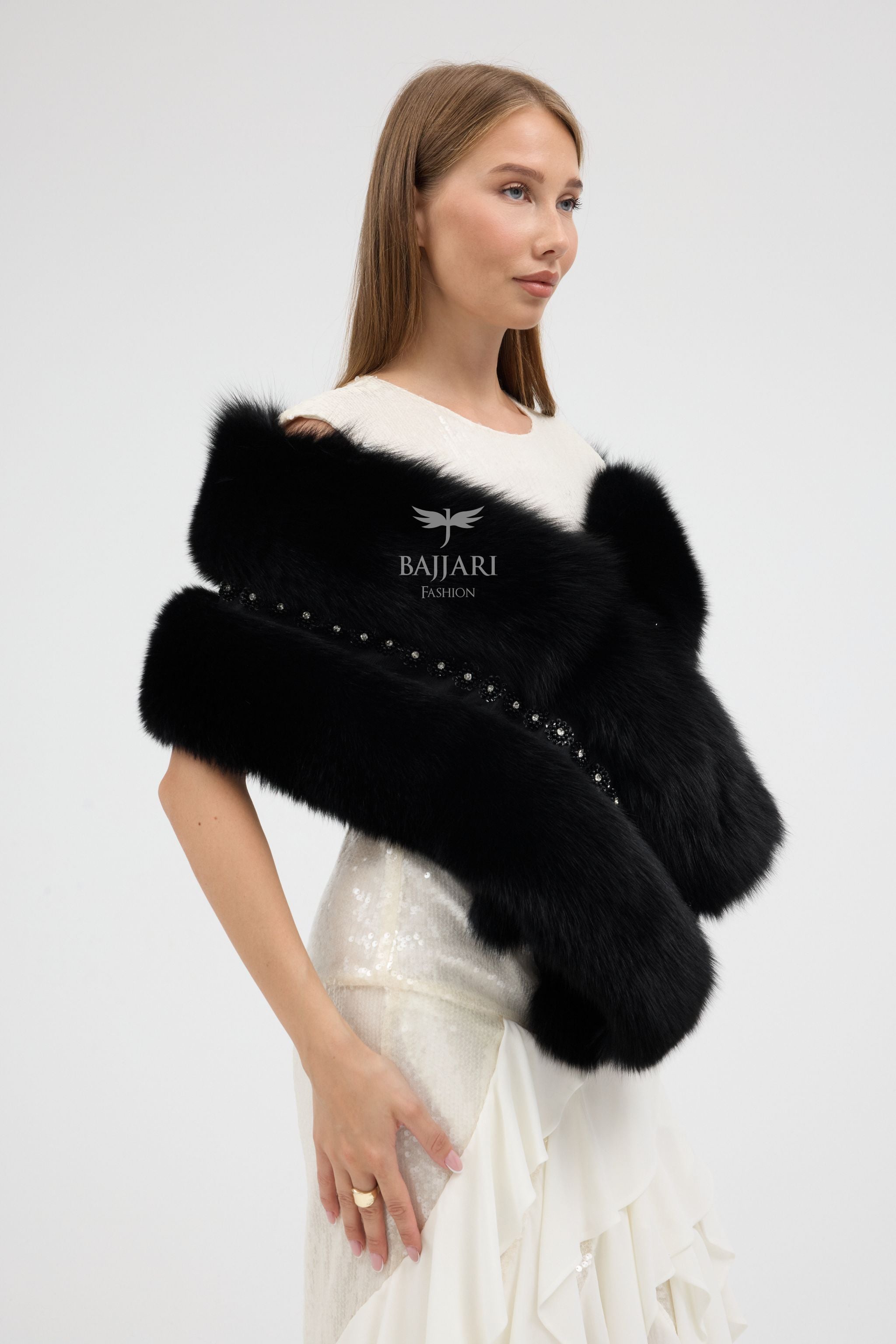 Special Stone Embroidered Black Fox Fur Shawl