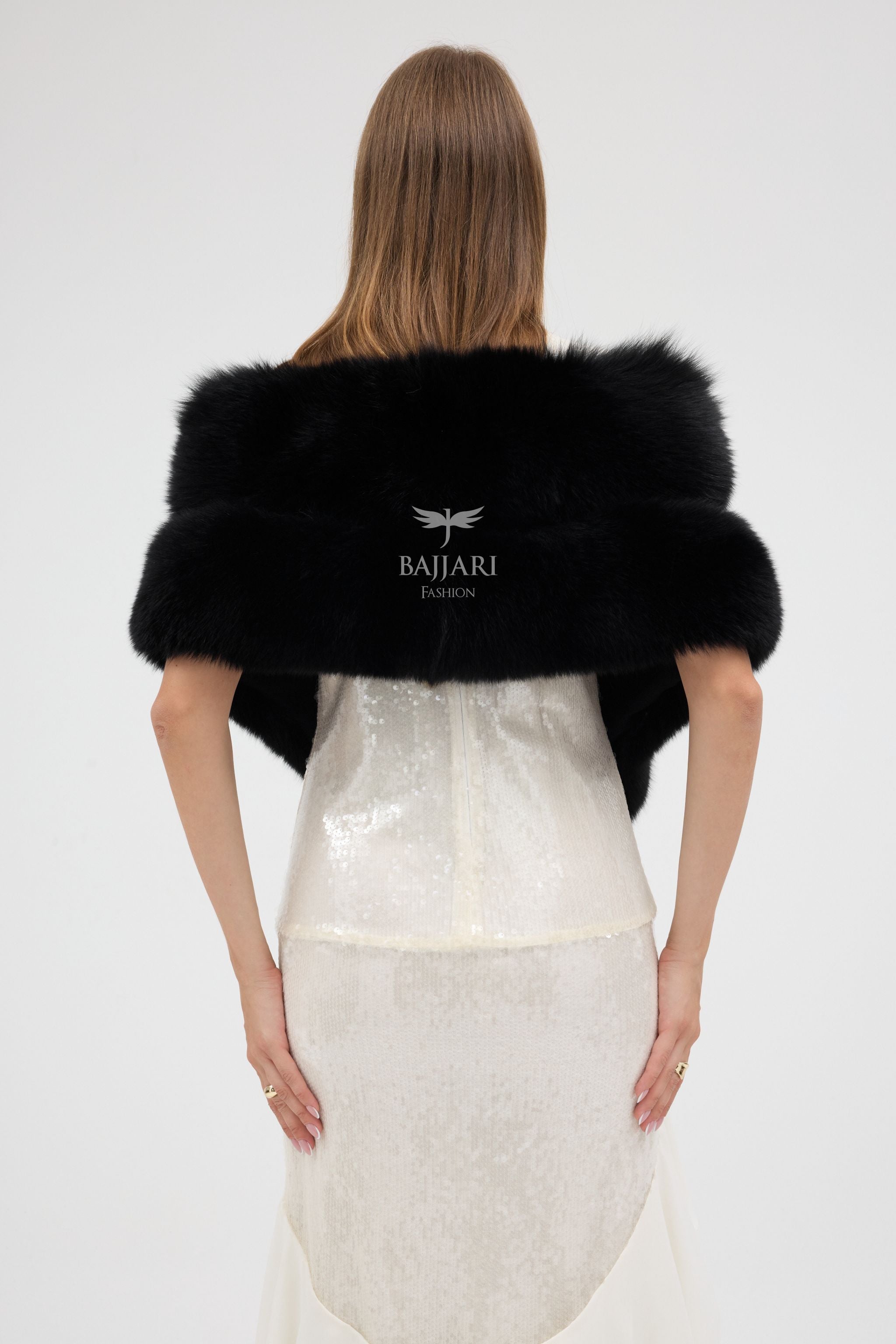 Special Stone Embroidered Black Fox Fur Shawl