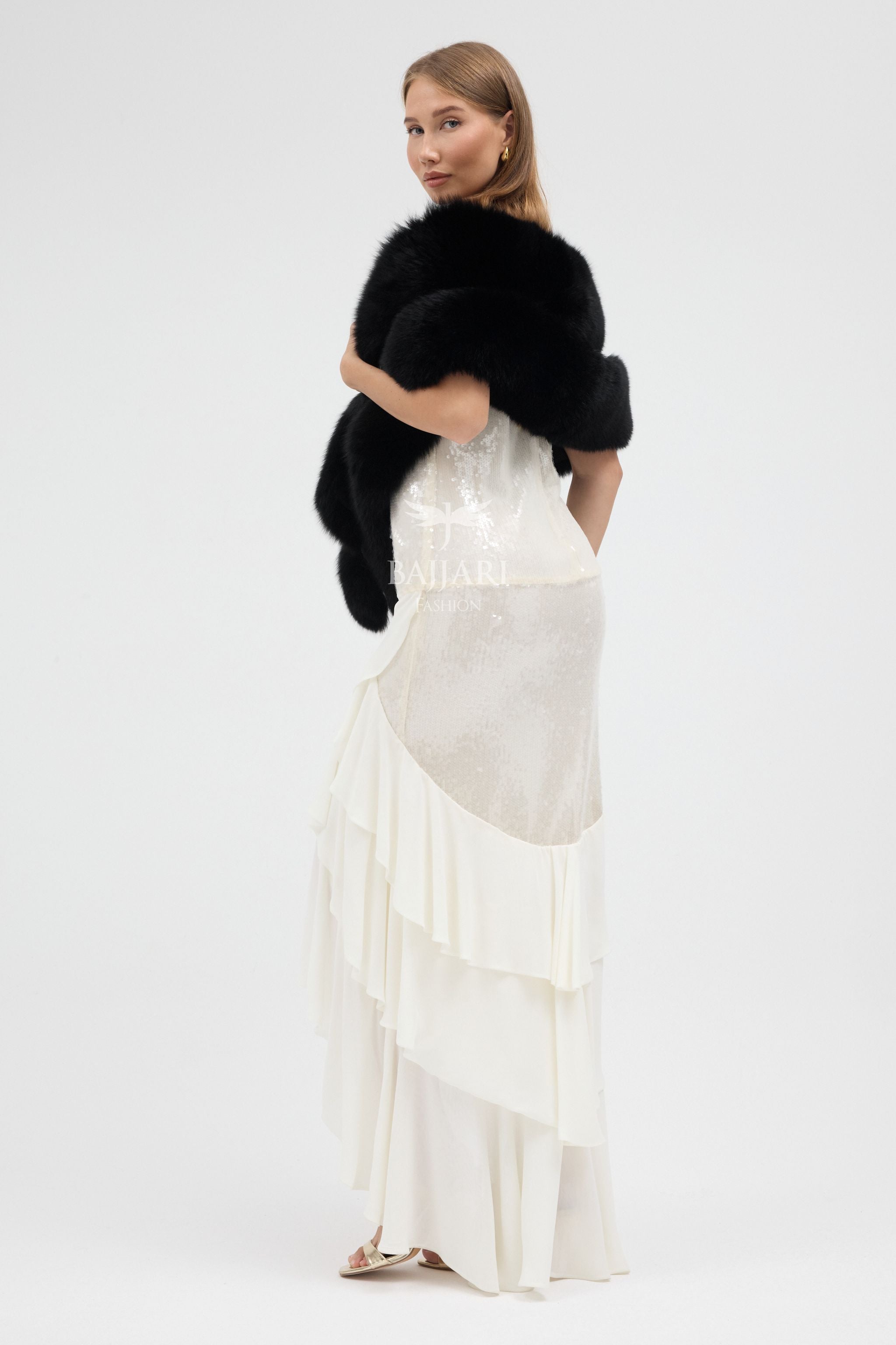 Special Stone Embroidered Black Fox Fur Shawl