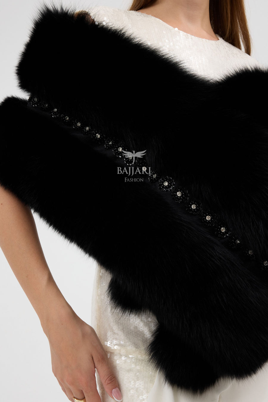 Special Stone Embroidered Black Fox Fur Shawl
