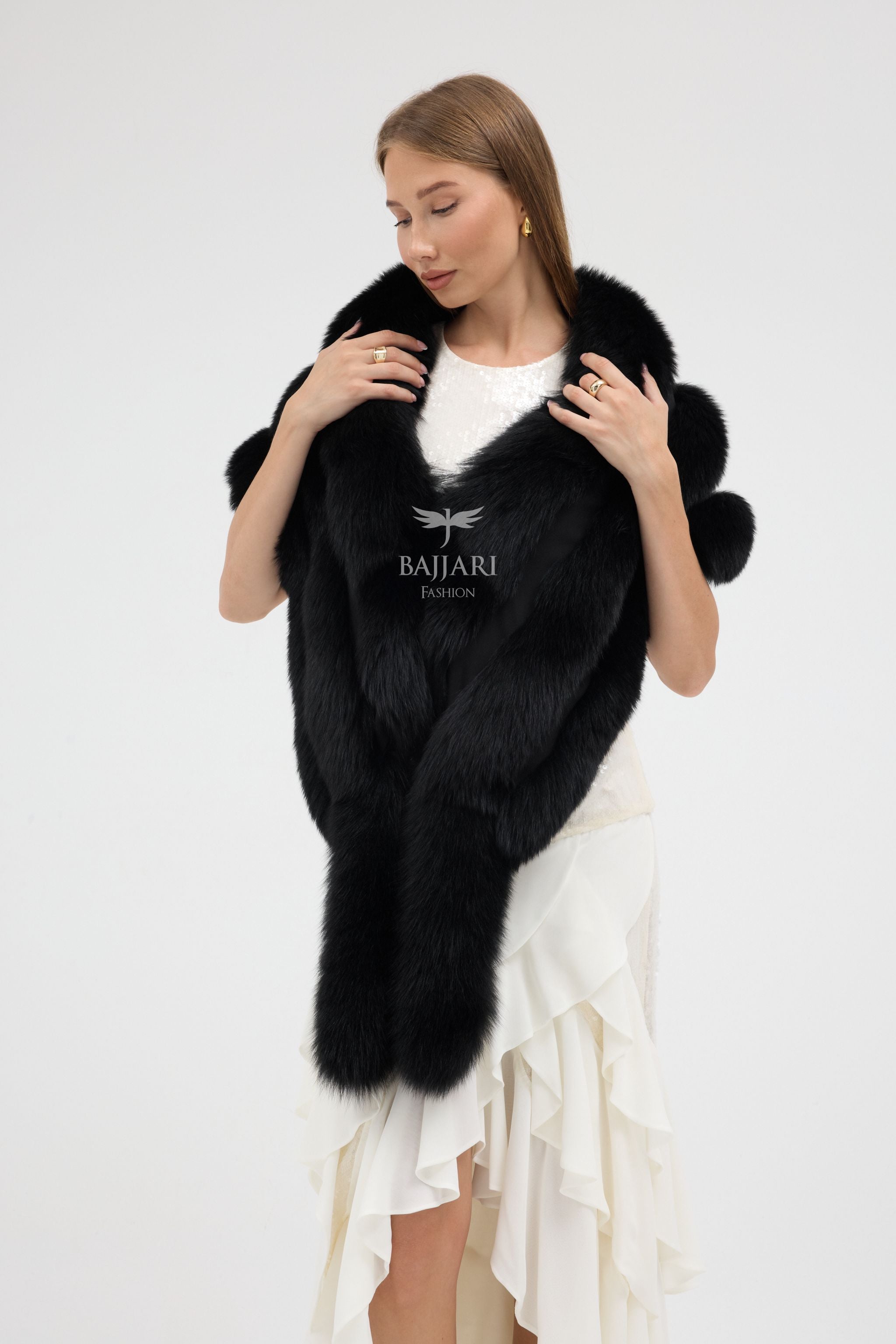 Black Fox Fur Tail Shawl
