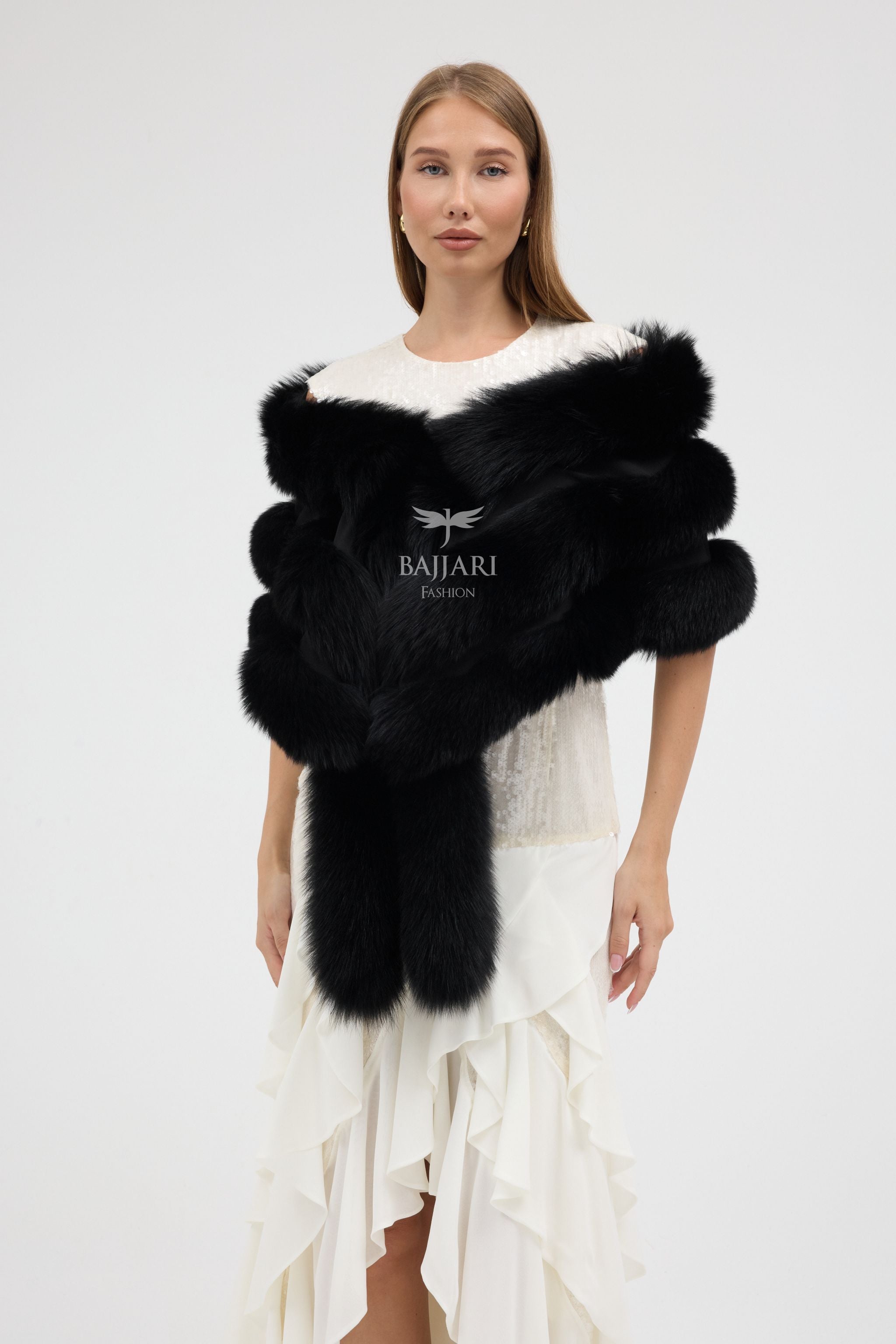 Black Fox Fur Tail Shawl
