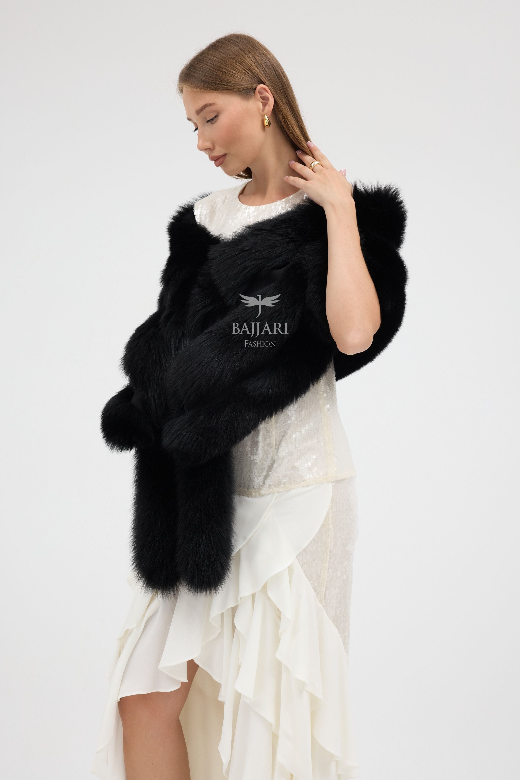 Black Fox Fur Tail Shawl