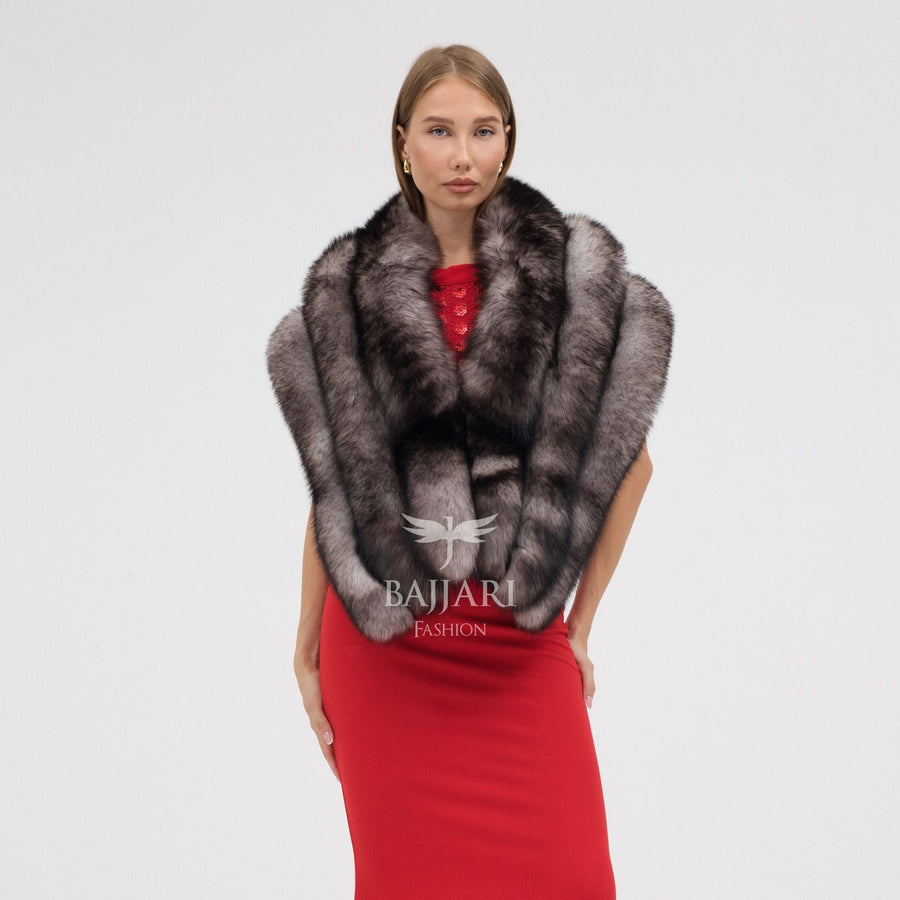 Natural Black Silver Fox Fur Shawl