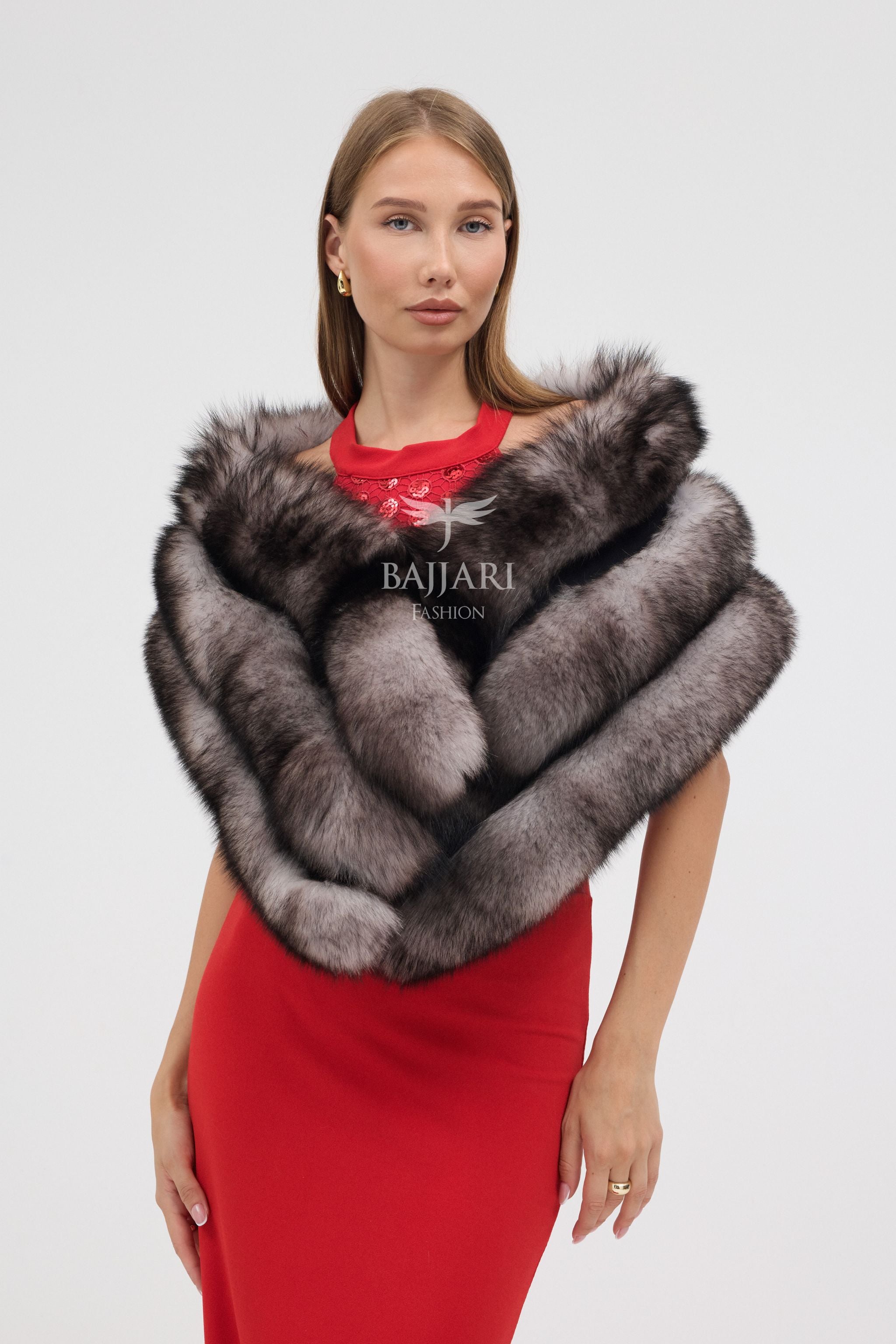 Natural Black Silver Fox Fur Shawl