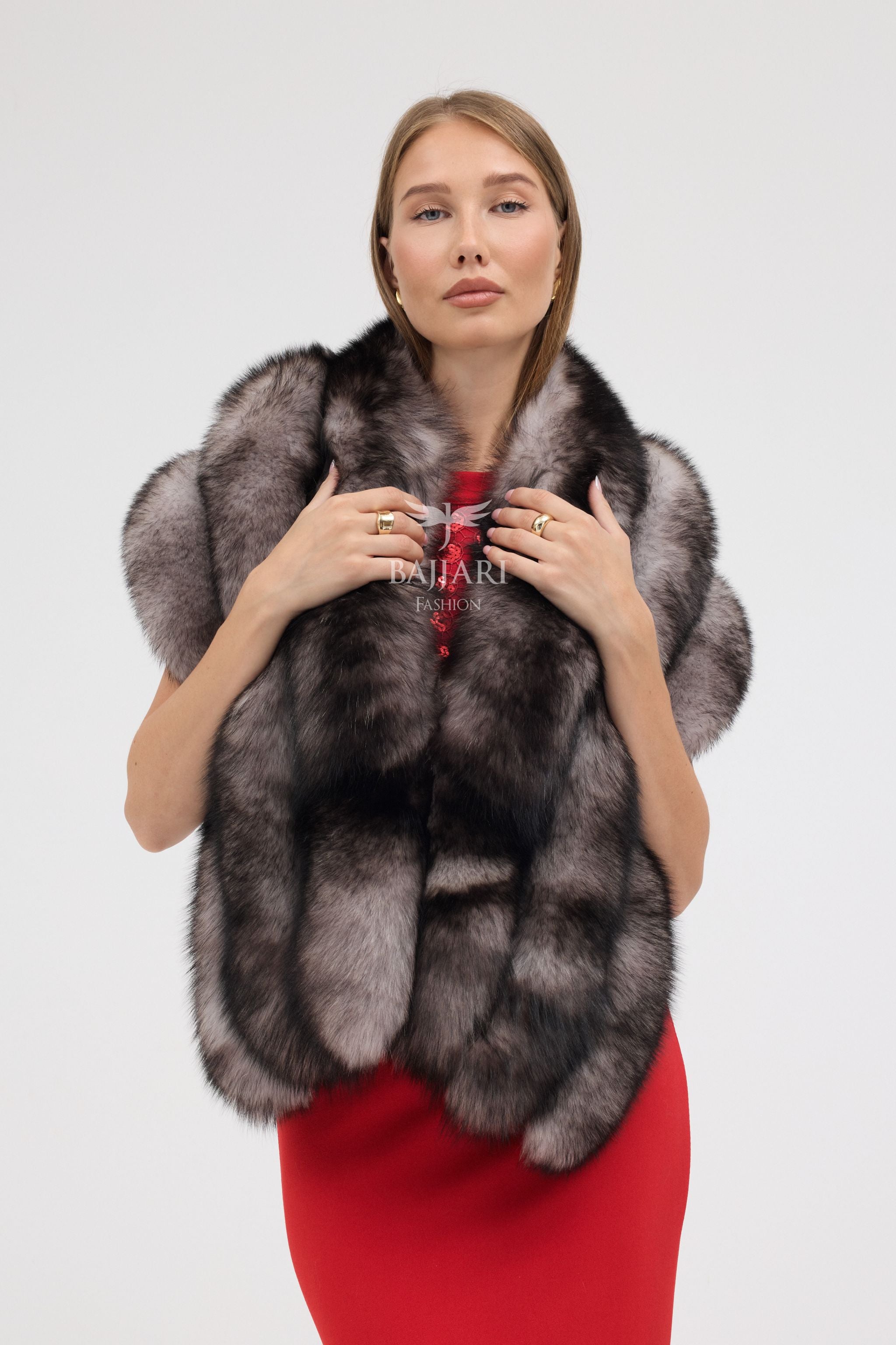 Natural Black Silver Fox Fur Shawl