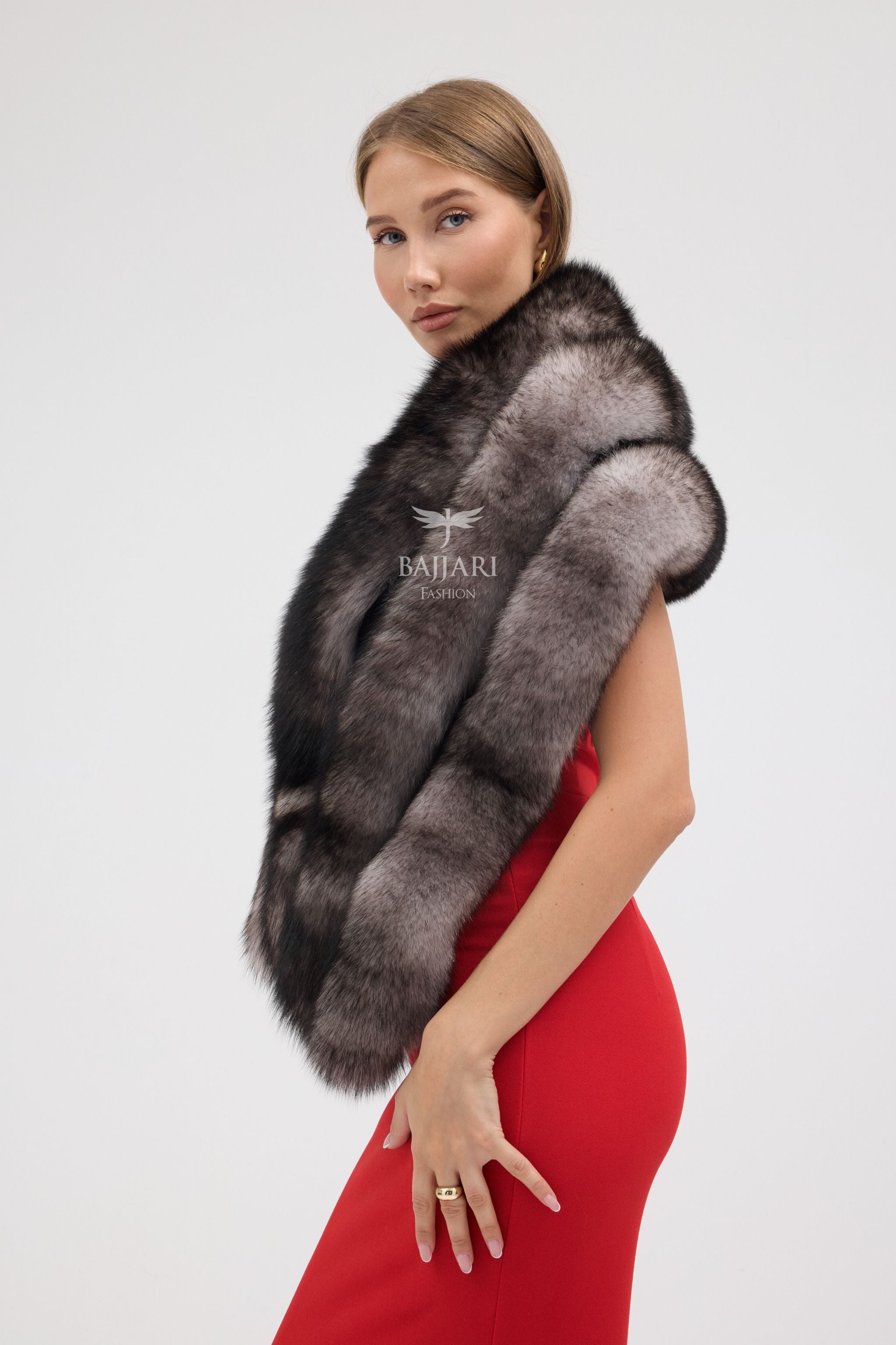 Natural Black Silver Fox Fur Shawl
