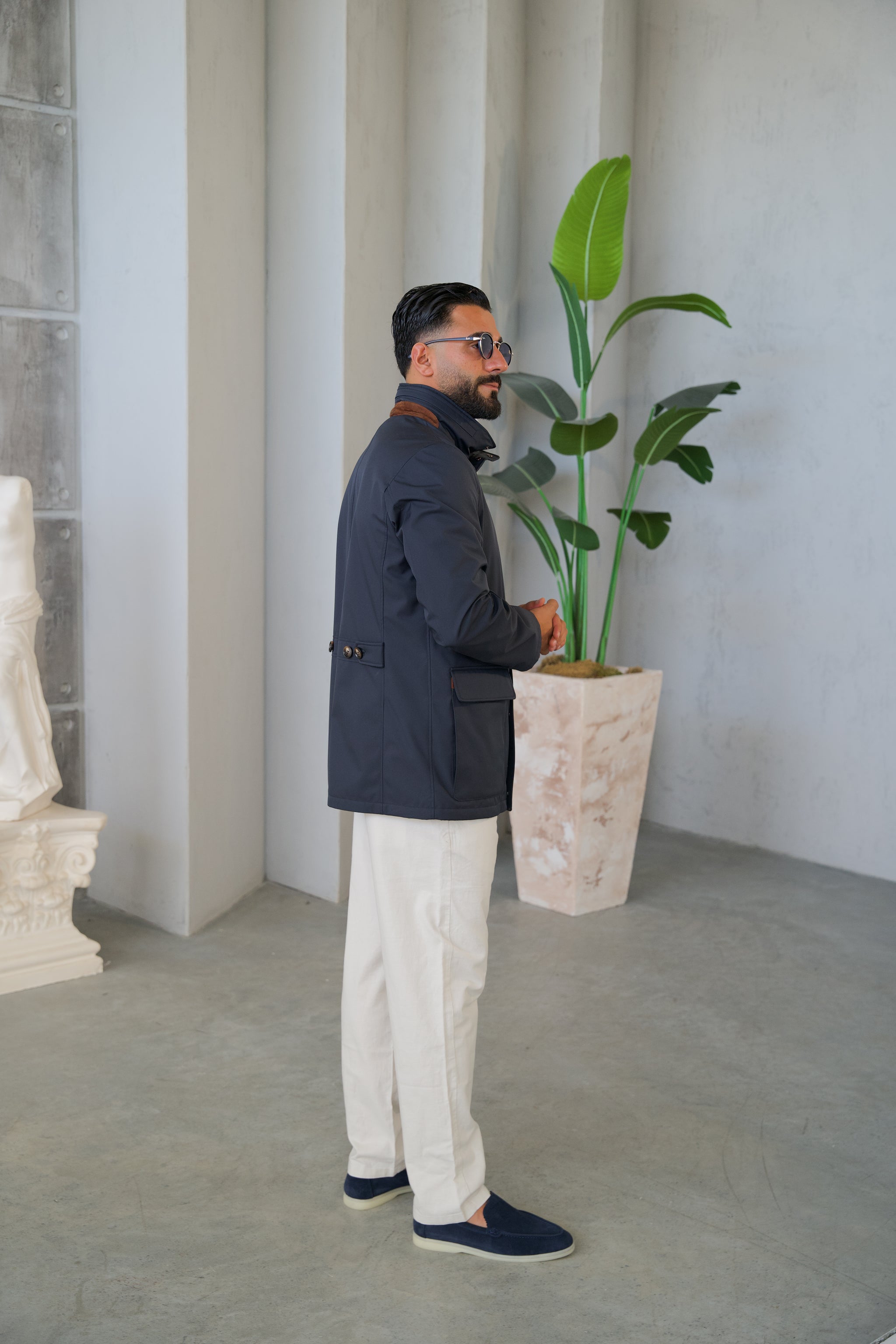Men's Jacket with Double Pockets and Knitted Collar