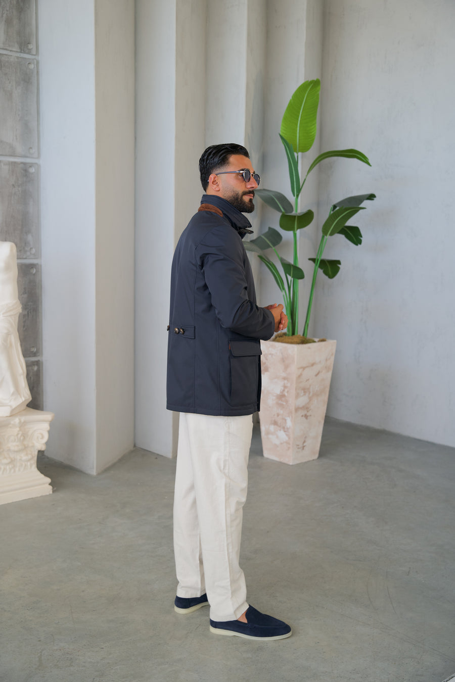 Men's Jacket with Double Pockets and Knitted Collar