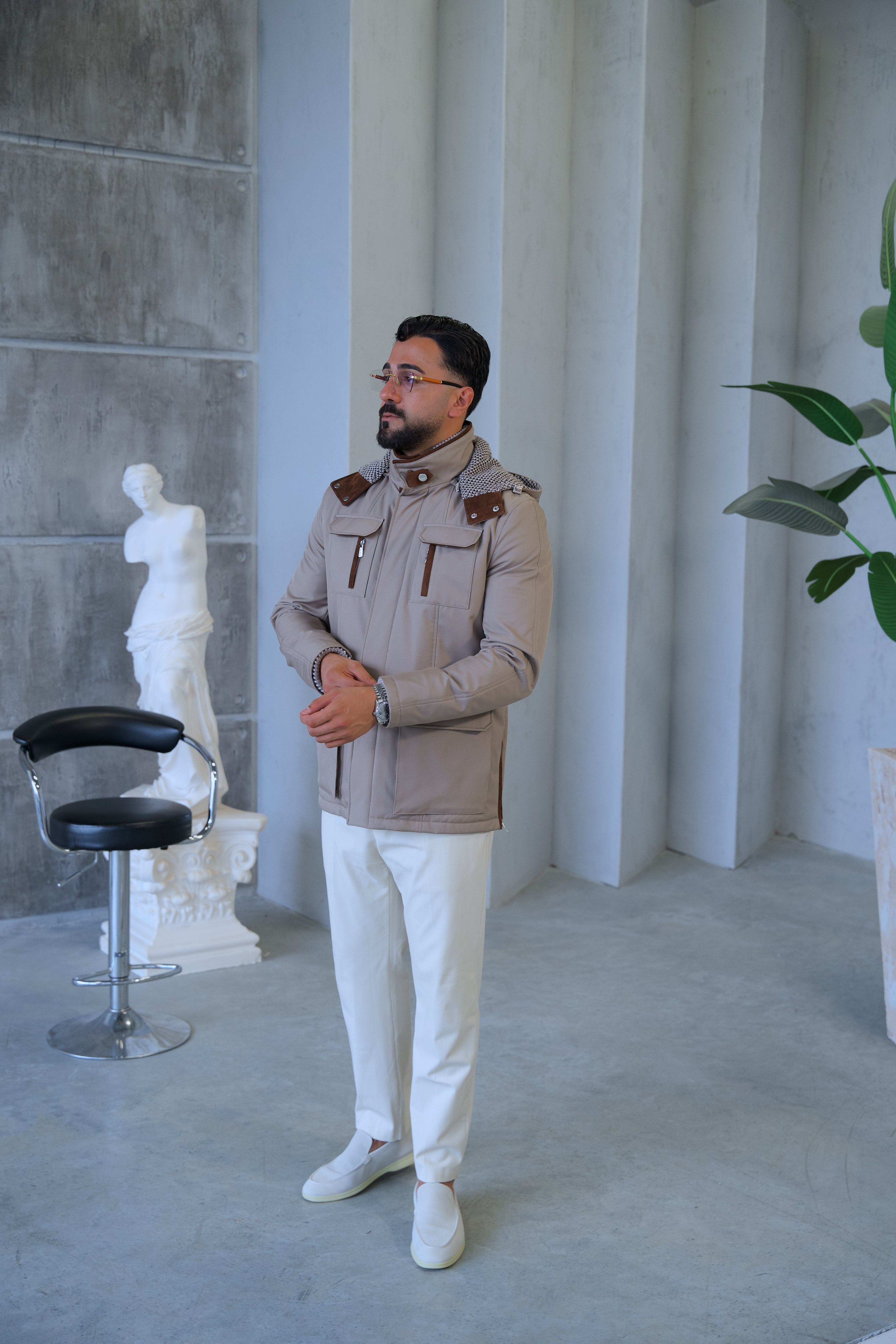 Men's Waterproof Hooded Jacket with Rabbit Fur Trim