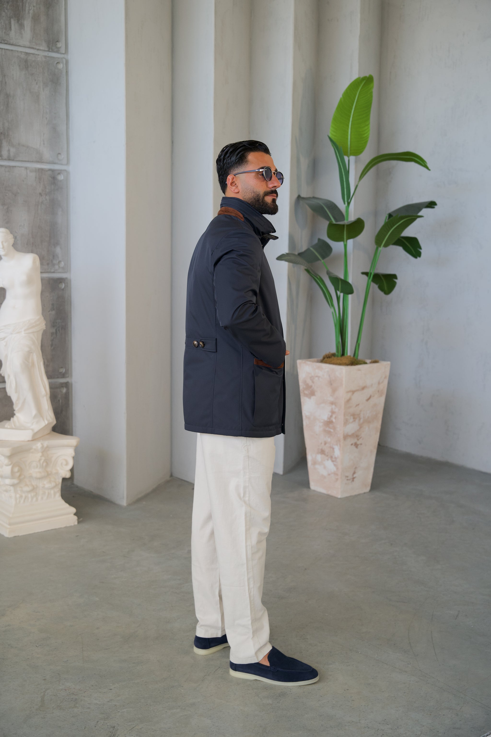 Men's Jacket with Double Pockets and Knitted Collar