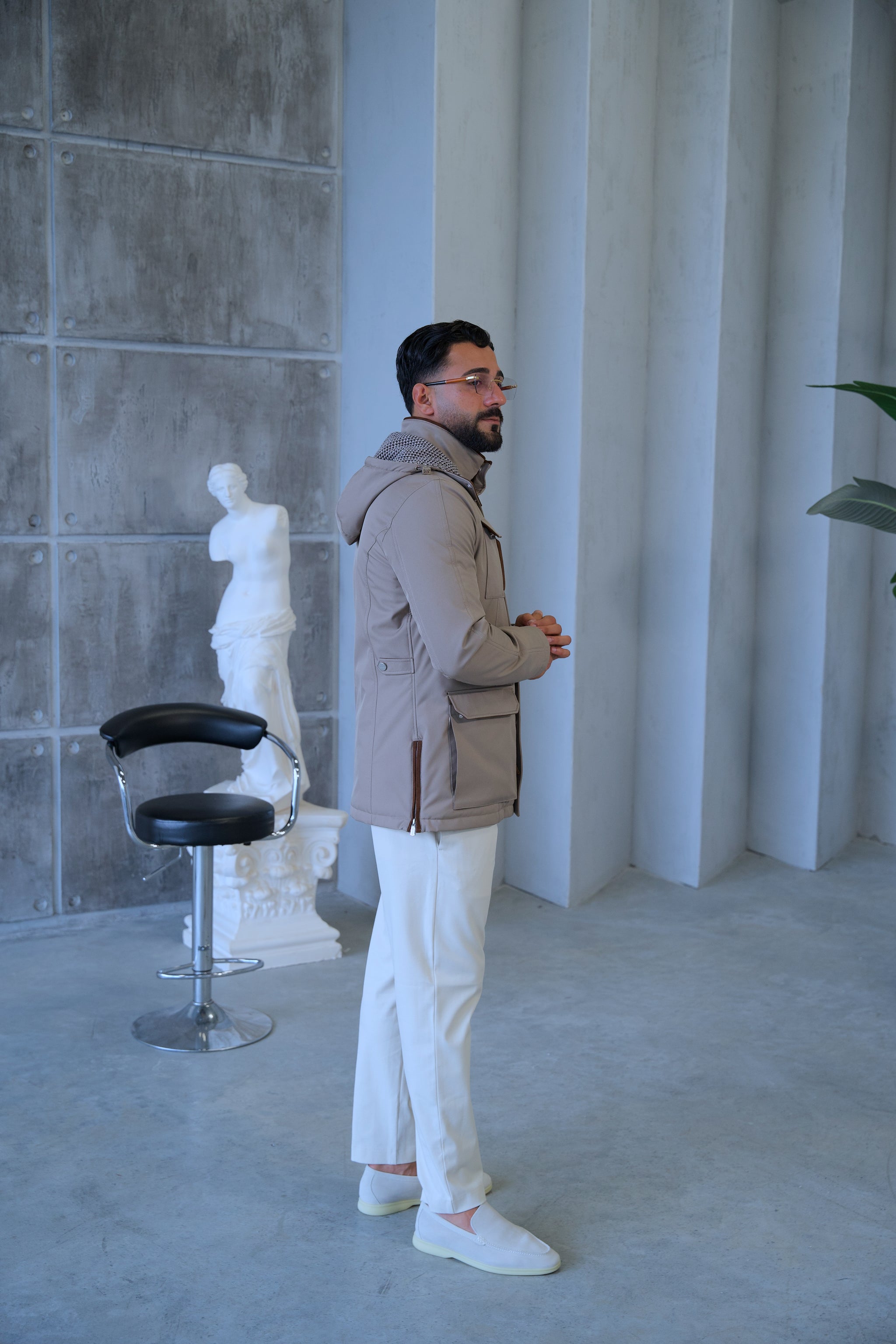 Men's Waterproof Hooded Jacket with Rabbit Fur Trim