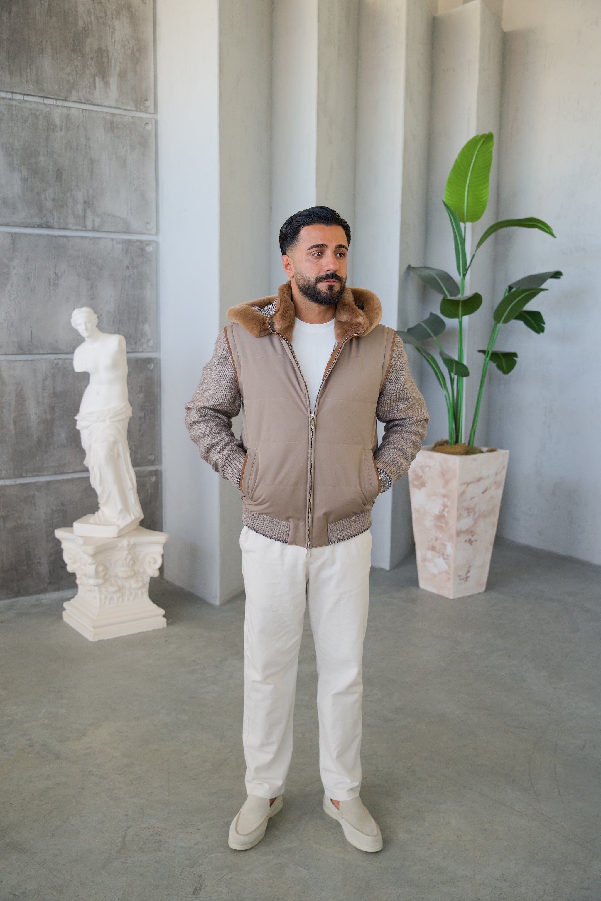 Men's Waterproof Fabric Hooded Jacket with Fur Lining, Knitted Sleeves