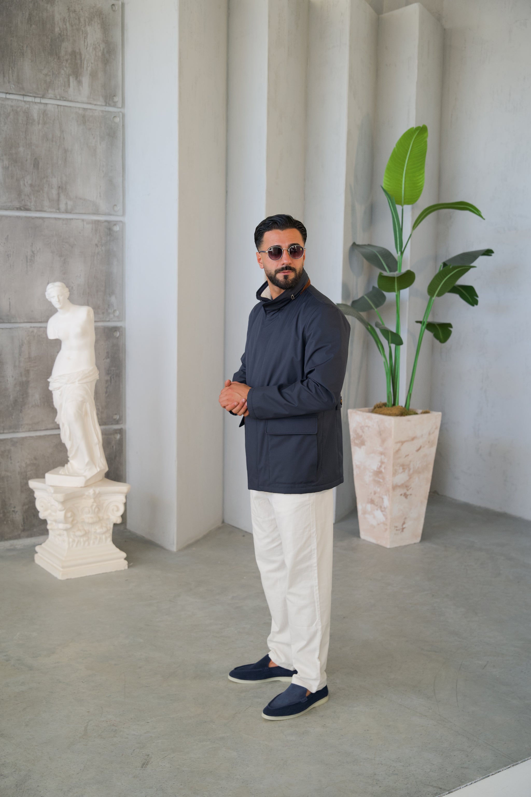 Men's Jacket with Double Pockets and Knitted Collar