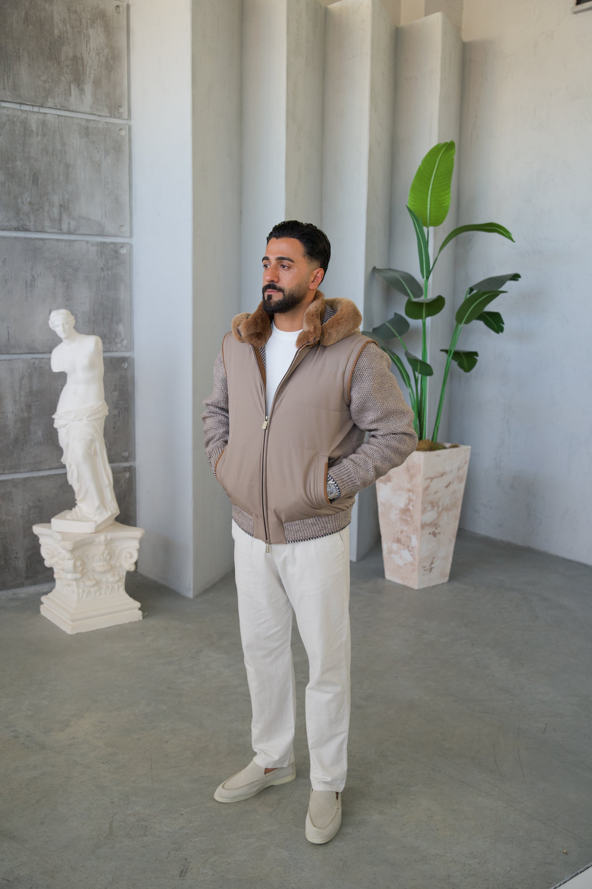 Men's Waterproof Fabric Hooded Jacket with Fur Lining, Knitted Sleeves