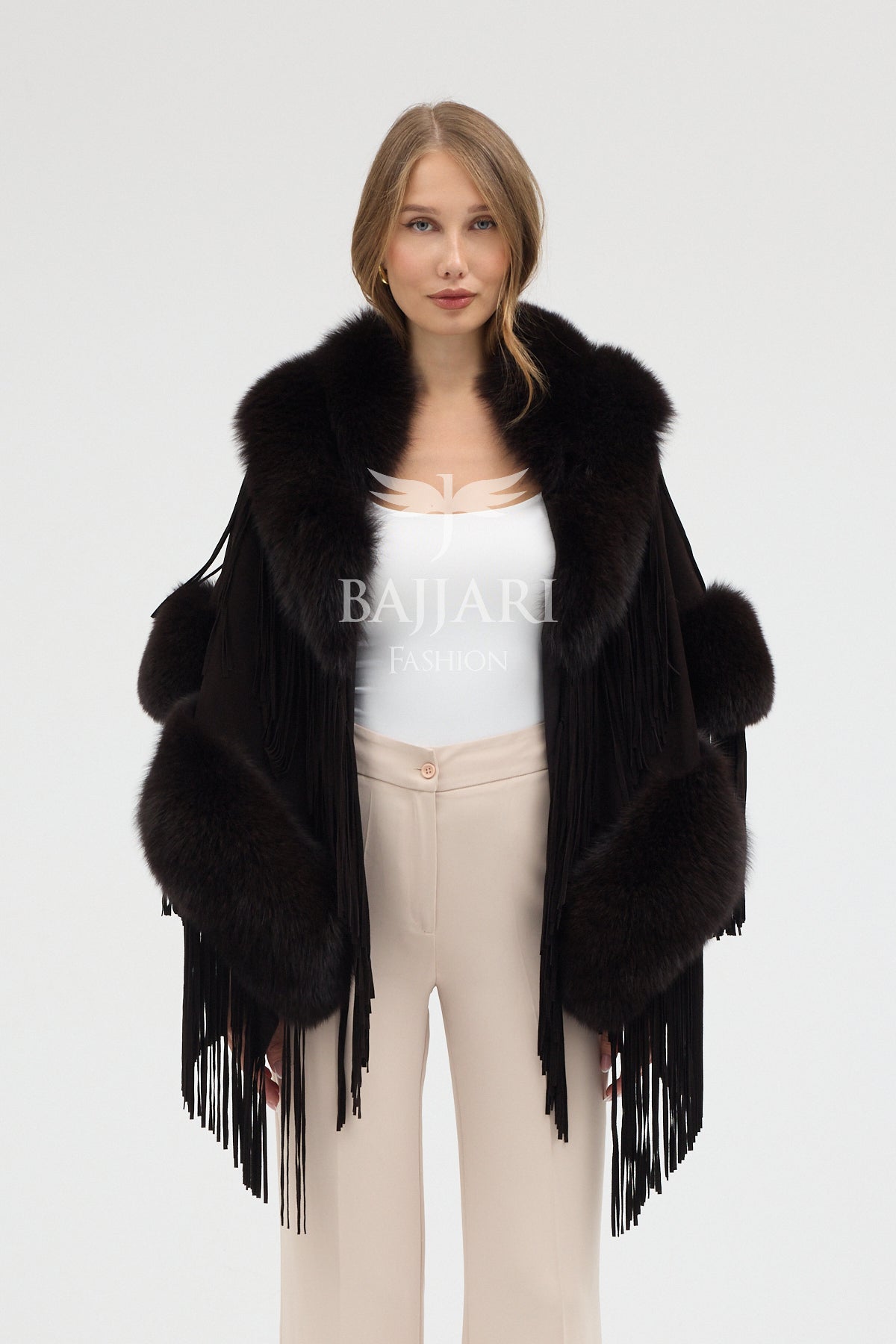 Dark Green Cashmere Real Fox Fur Embellished Tassel Cape Shawl