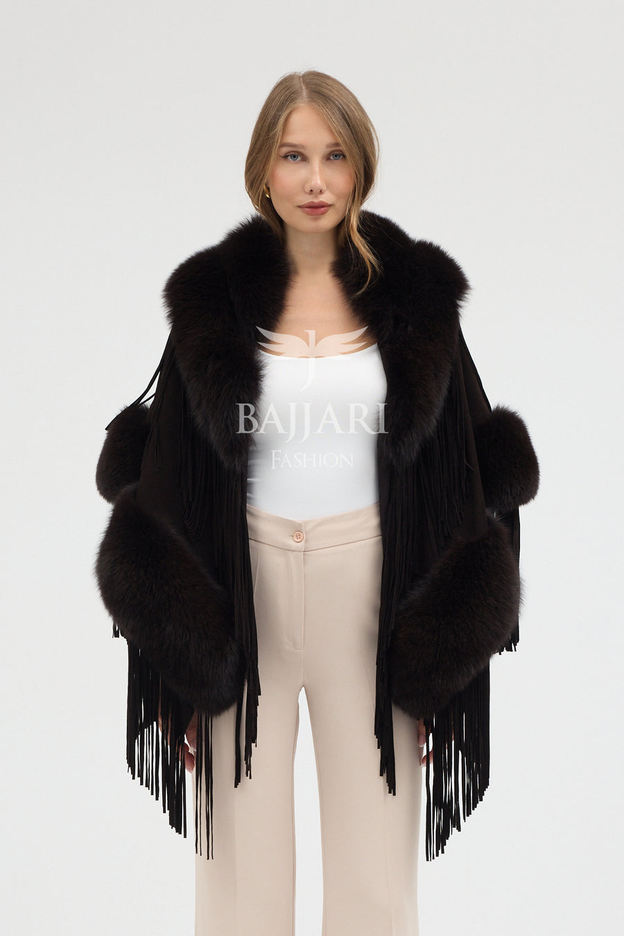 Dark Burgundy Suede Fabric Real Fox Fur Embellished Tassel Cape Shawl