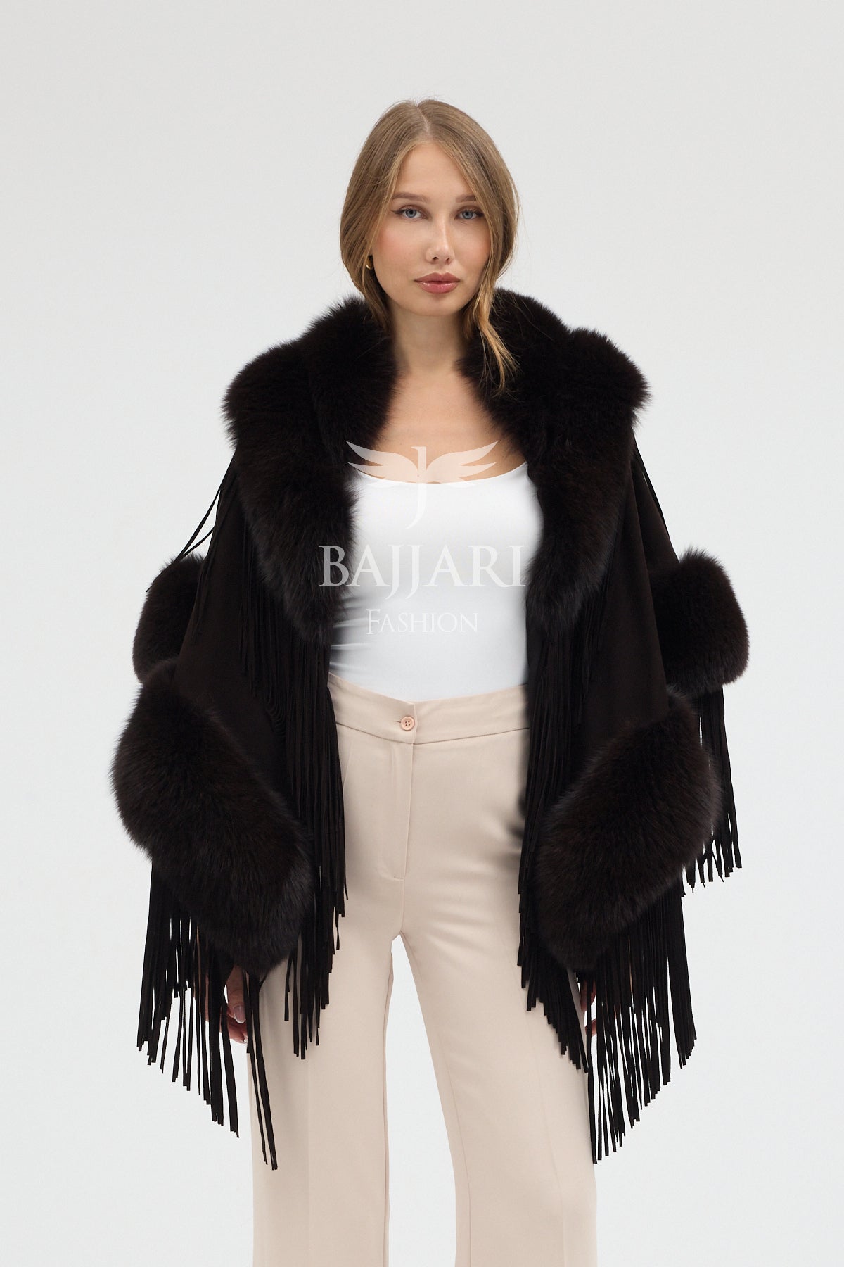 Dark Green Cashmere Real Fox Fur Embellished Tassel Cape Shawl
