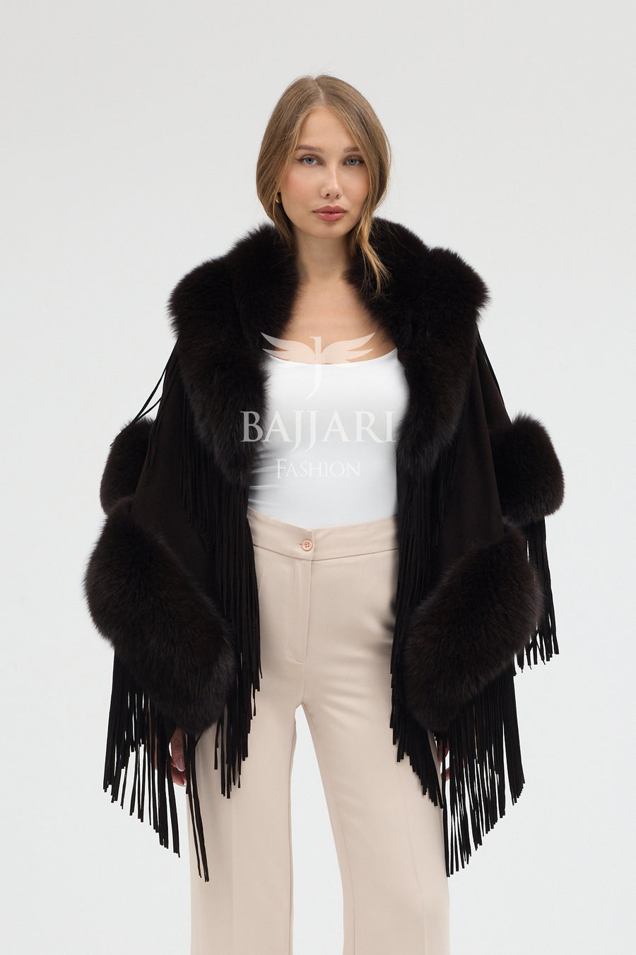 Dark Burgundy Suede Fabric Real Fox Fur Embellished Tassel Cape Shawl