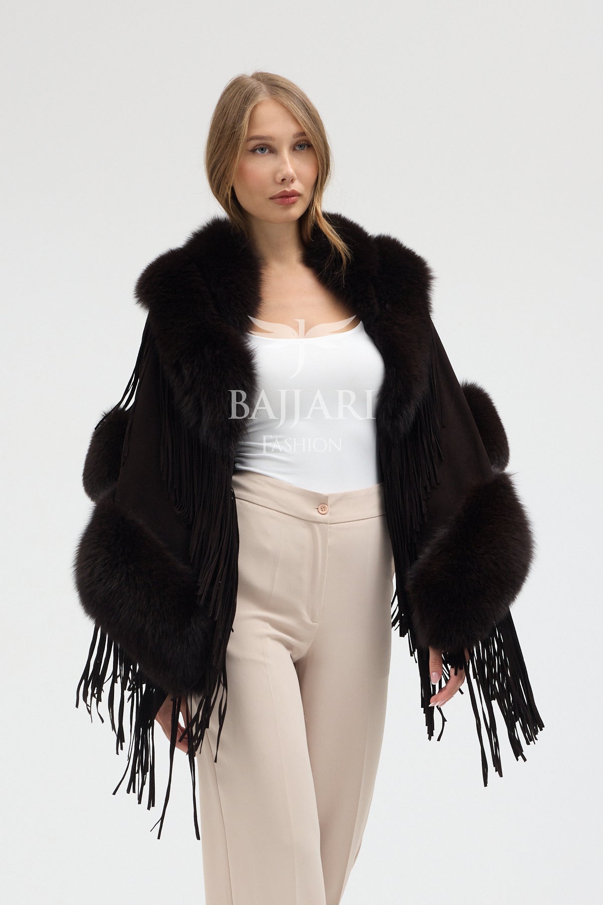 Dark Green Cashmere Real Fox Fur Embellished Tassel Cape Shawl