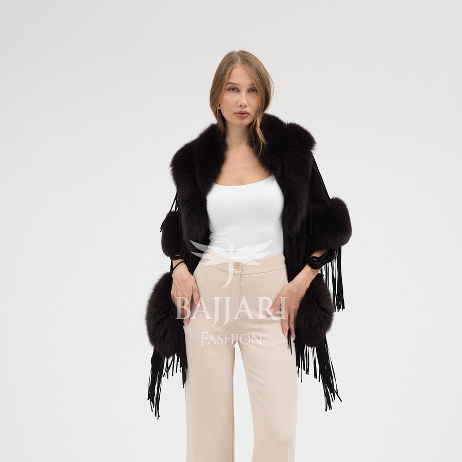 Dark Burgundy Suede Fabric Real Fox Fur Embellished Tassel Cape Shawl