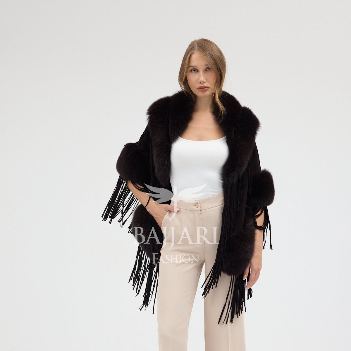 Dark Green Cashmere Real Fox Fur Embellished Tassel Cape Shawl