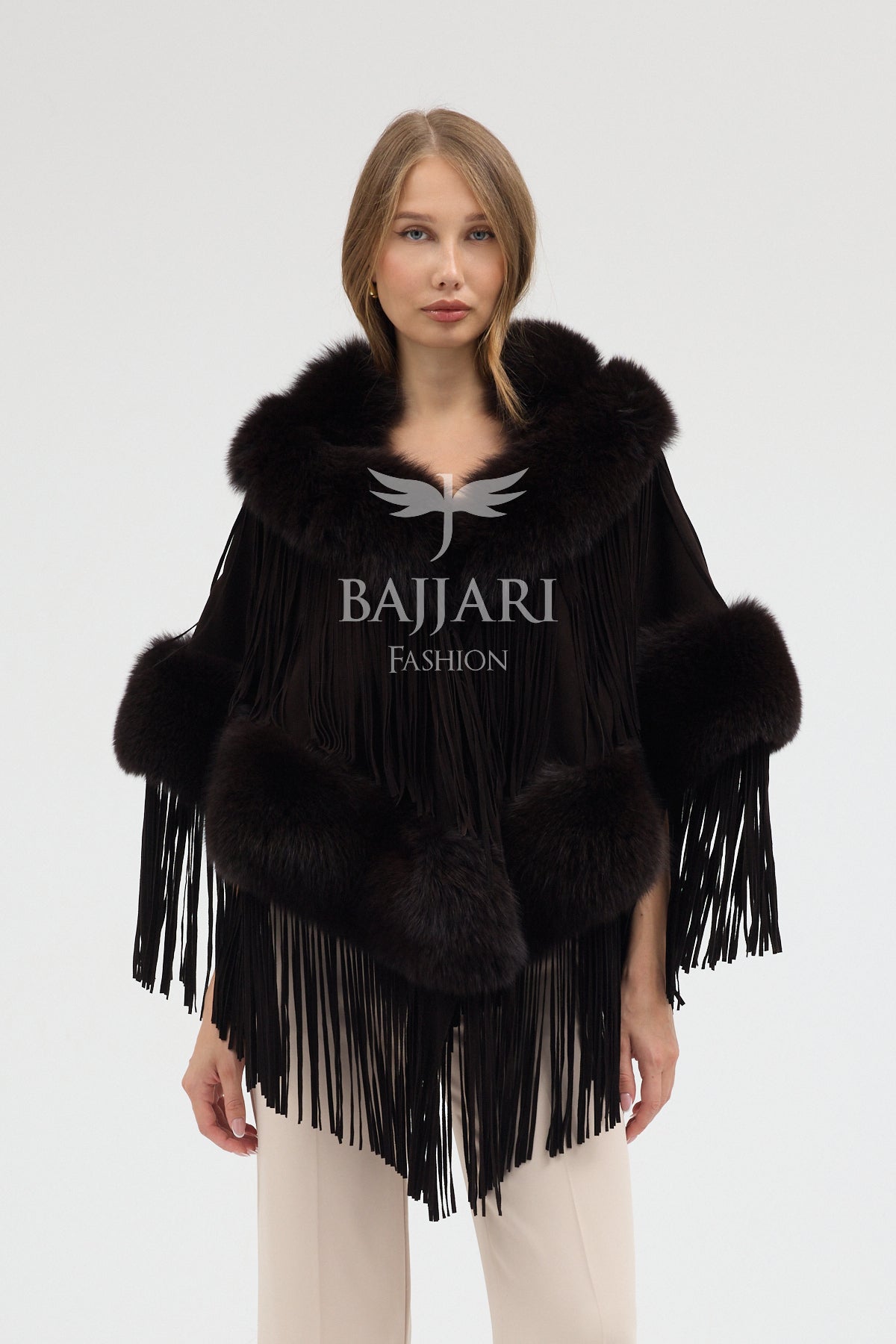 Dark Green Cashmere Real Fox Fur Embellished Tassel Cape Shawl