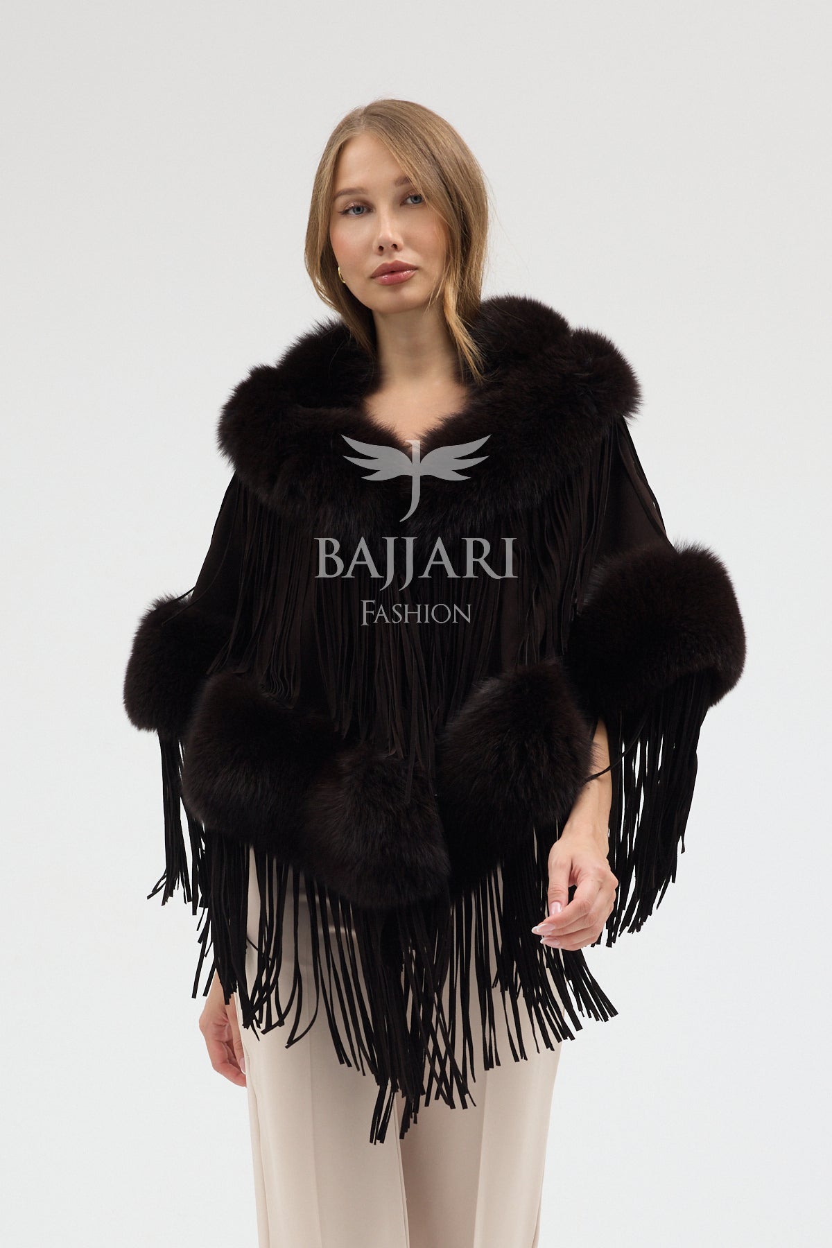 Dark Green Cashmere Real Fox Fur Embellished Tassel Cape Shawl