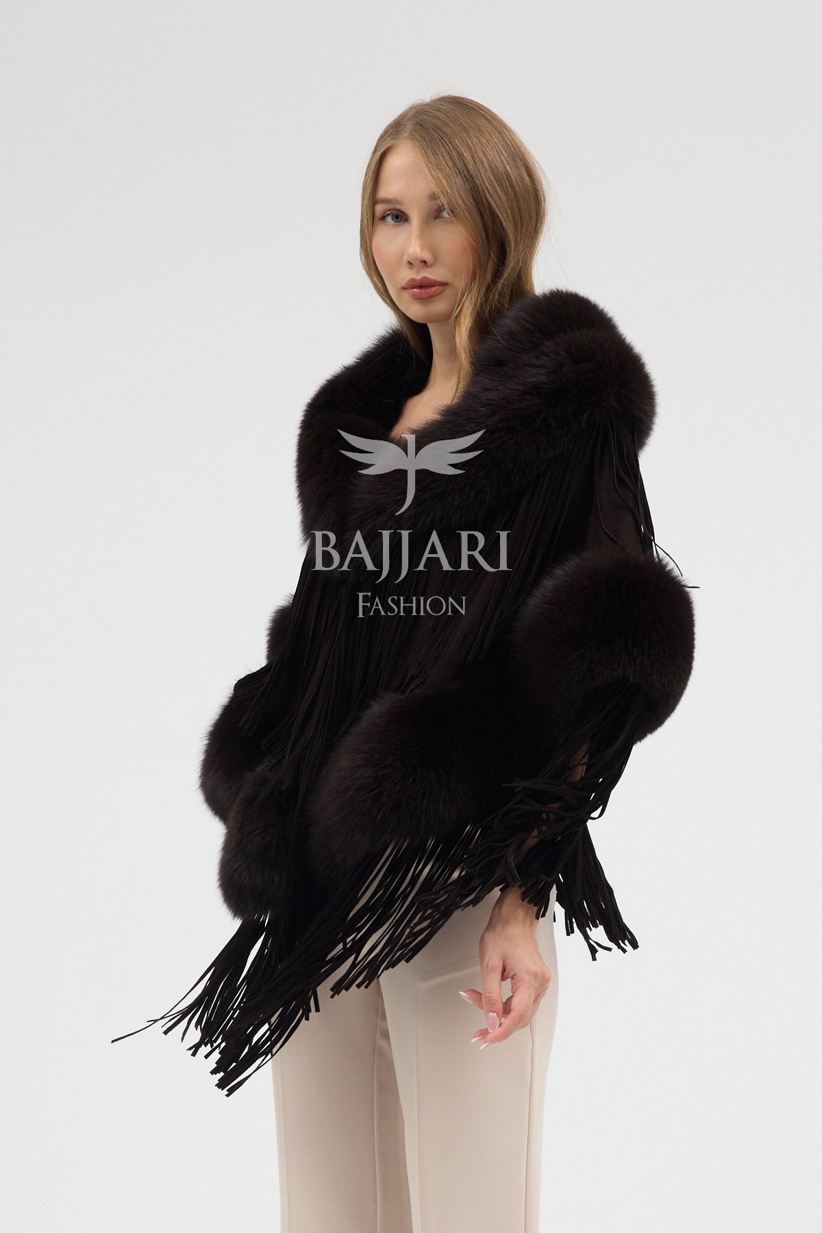 Dark Green Cashmere Real Fox Fur Embellished Tassel Cape Shawl