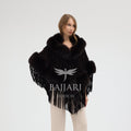 Dark Green Cashmere Real Fox Fur Embellished Tassel Cape Shawl