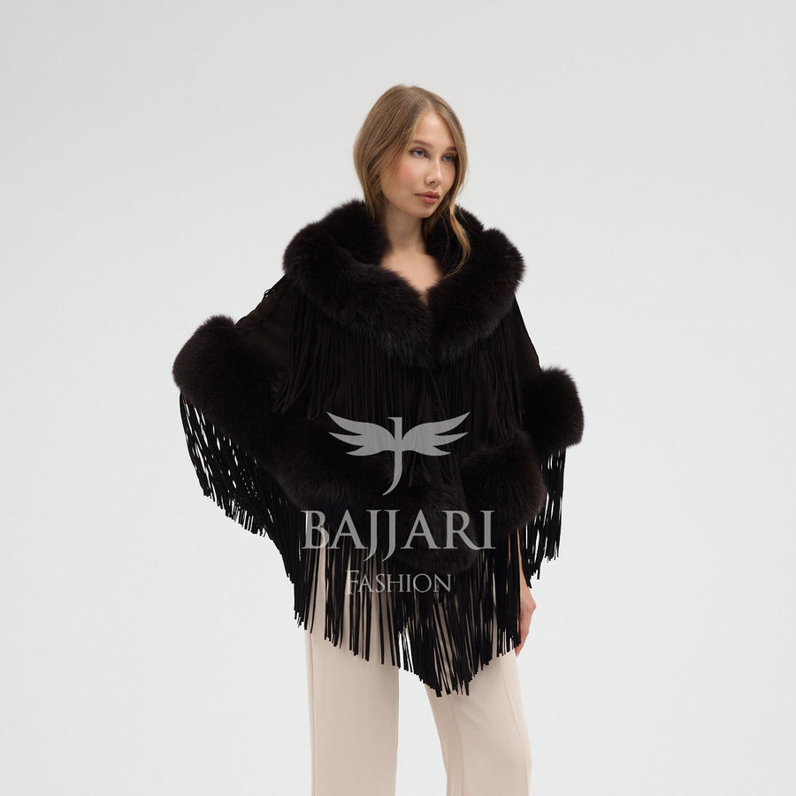 Dark Burgundy Suede Fabric Real Fox Fur Embellished Tassel Cape Shawl