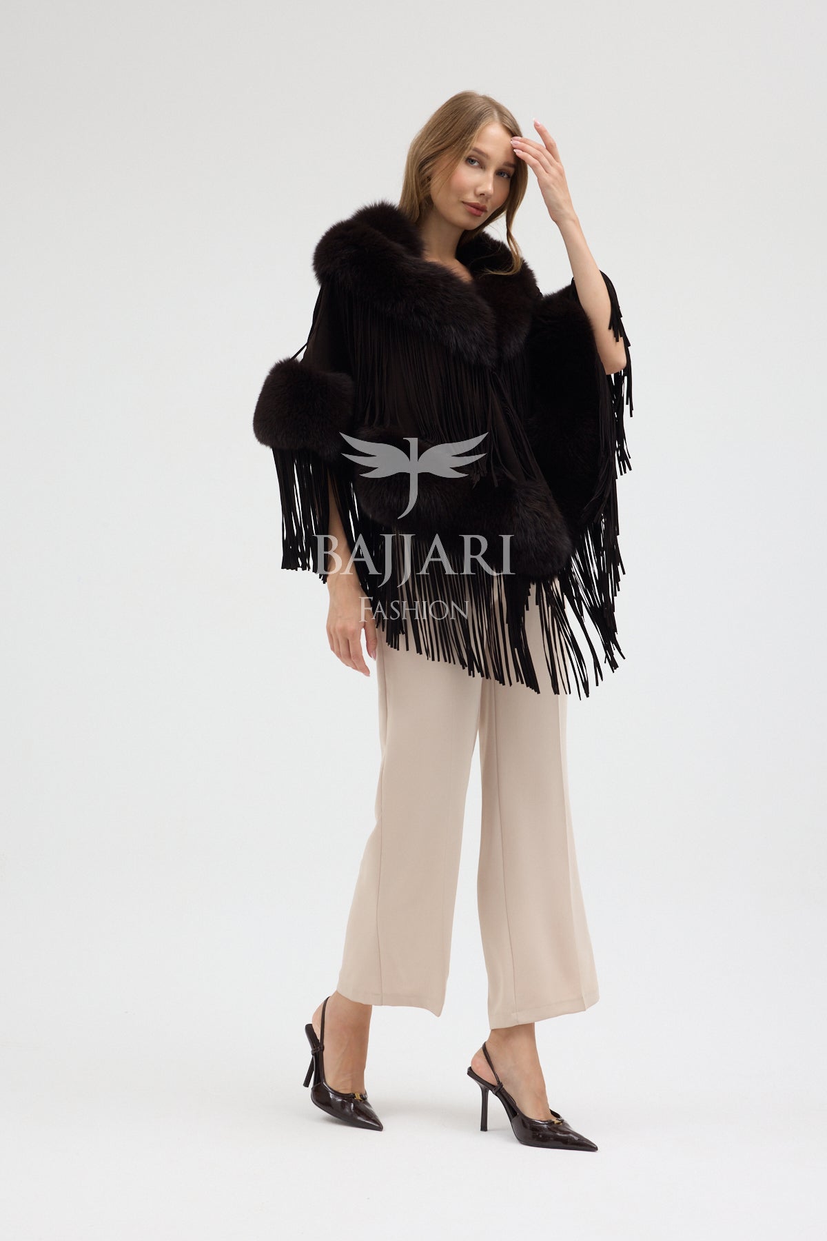Dark Green Cashmere Real Fox Fur Embellished Tassel Cape Shawl