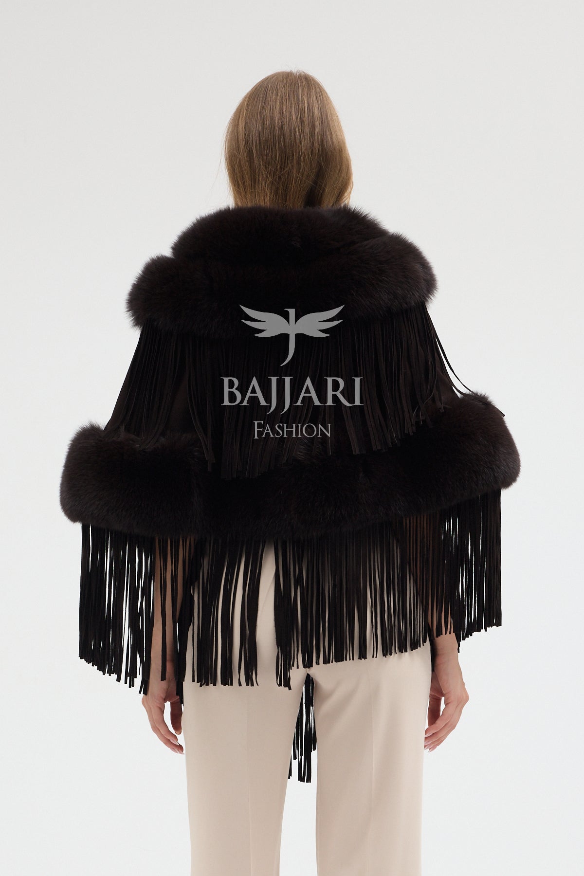 Dark Green Cashmere Real Fox Fur Embellished Tassel Cape Shawl