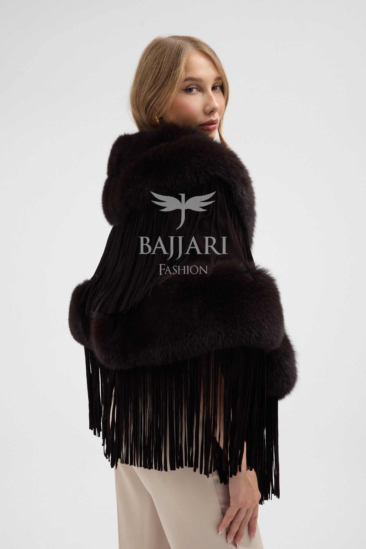 Dark Green Cashmere Real Fox Fur Embellished Tassel Cape Shawl