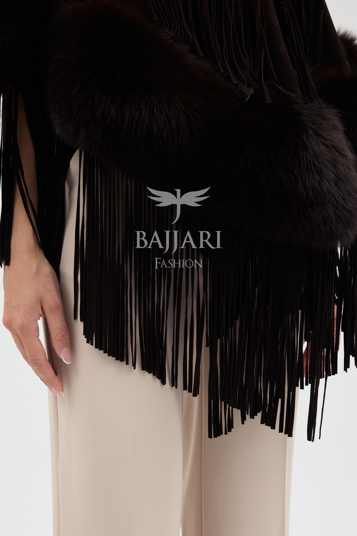 Dark Green Cashmere Real Fox Fur Embellished Tassel Cape Shawl