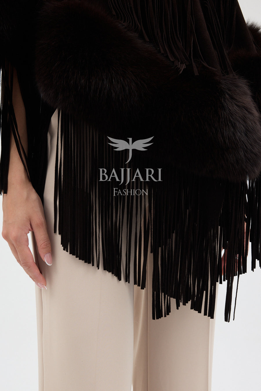 Dark Burgundy Suede Fabric Real Fox Fur Embellished Tassel Cape Shawl