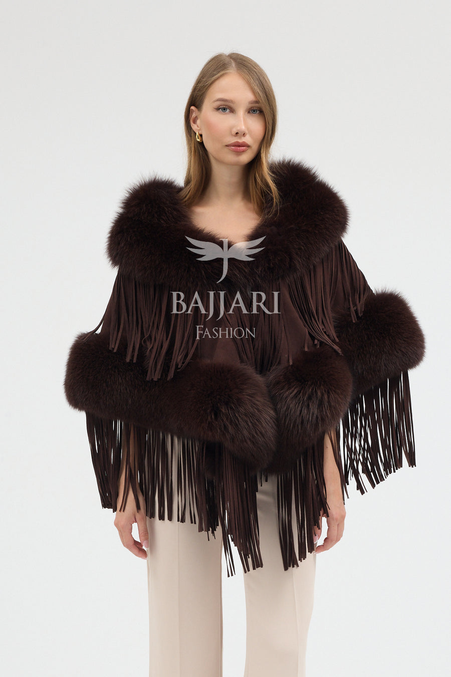 Suede Fabric Real Fox Fur Embellished Tassel Cape Shawl