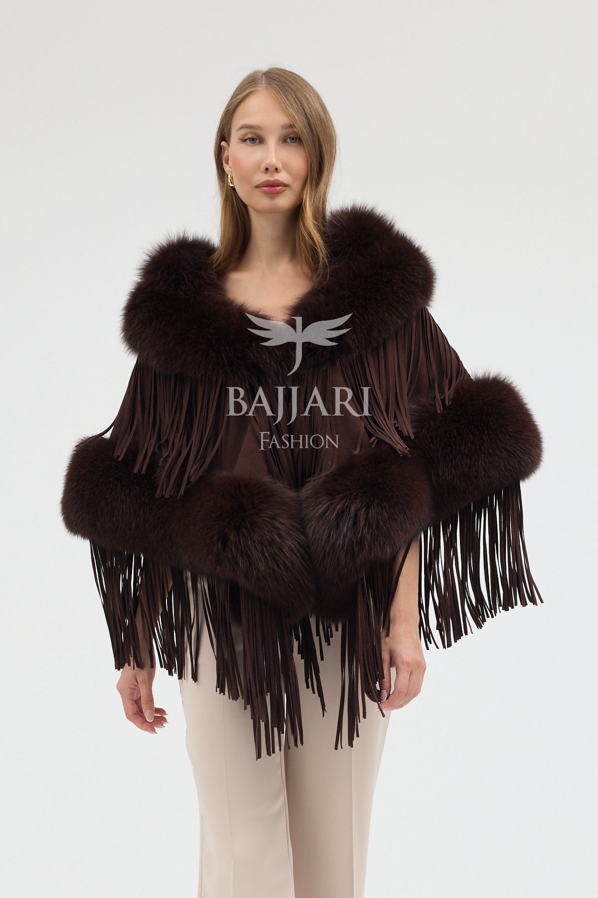 Cashmere Real Fox Fur Embellished Tassel Cape Shawl