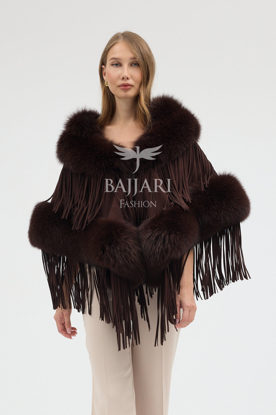 Suede Fabric Real Fox Fur Embellished Tassel Cape Shawl