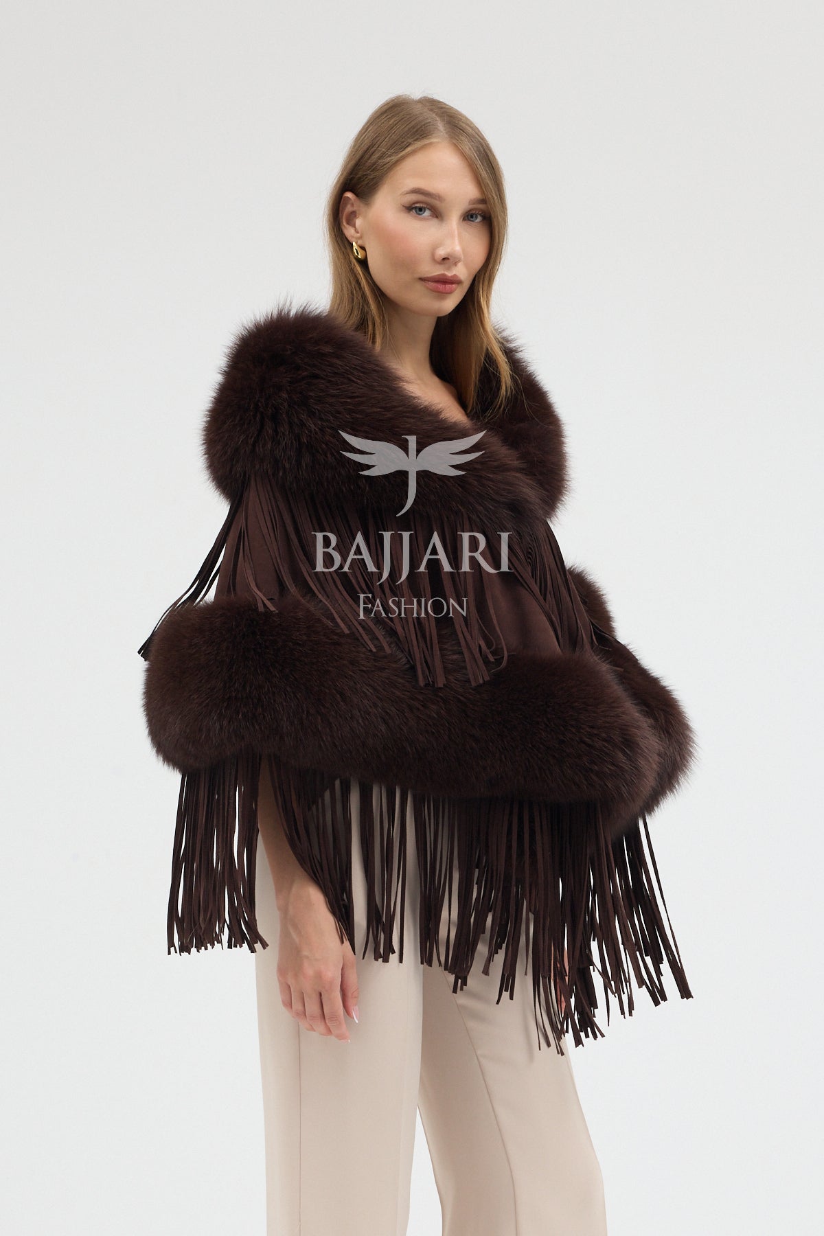 Cashmere Real Fox Fur Embellished Tassel Cape Shawl