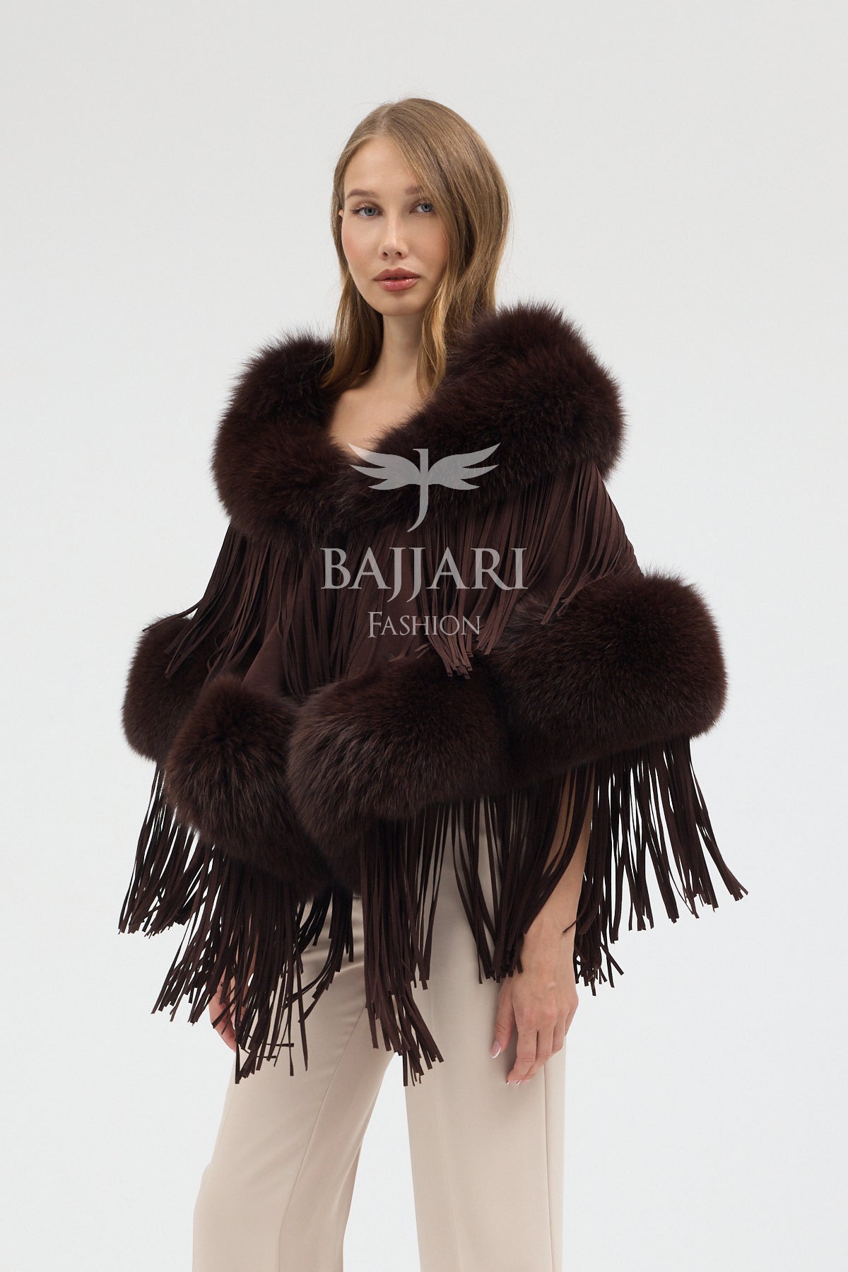 Cashmere Real Fox Fur Embellished Tassel Cape Shawl